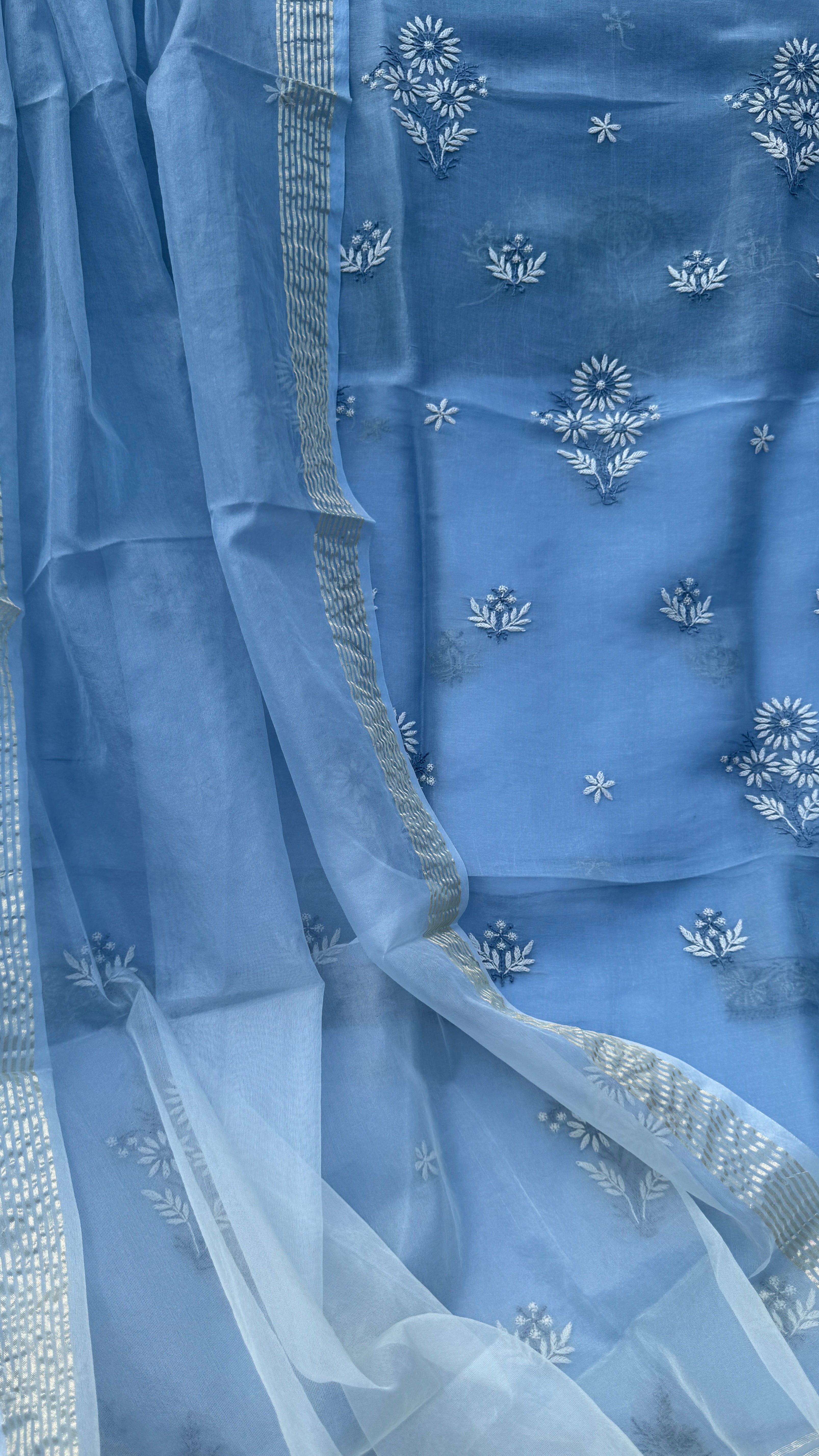 Pure Organza Lucknow Chikankari Unstitched Suit Set - Grey multi-color