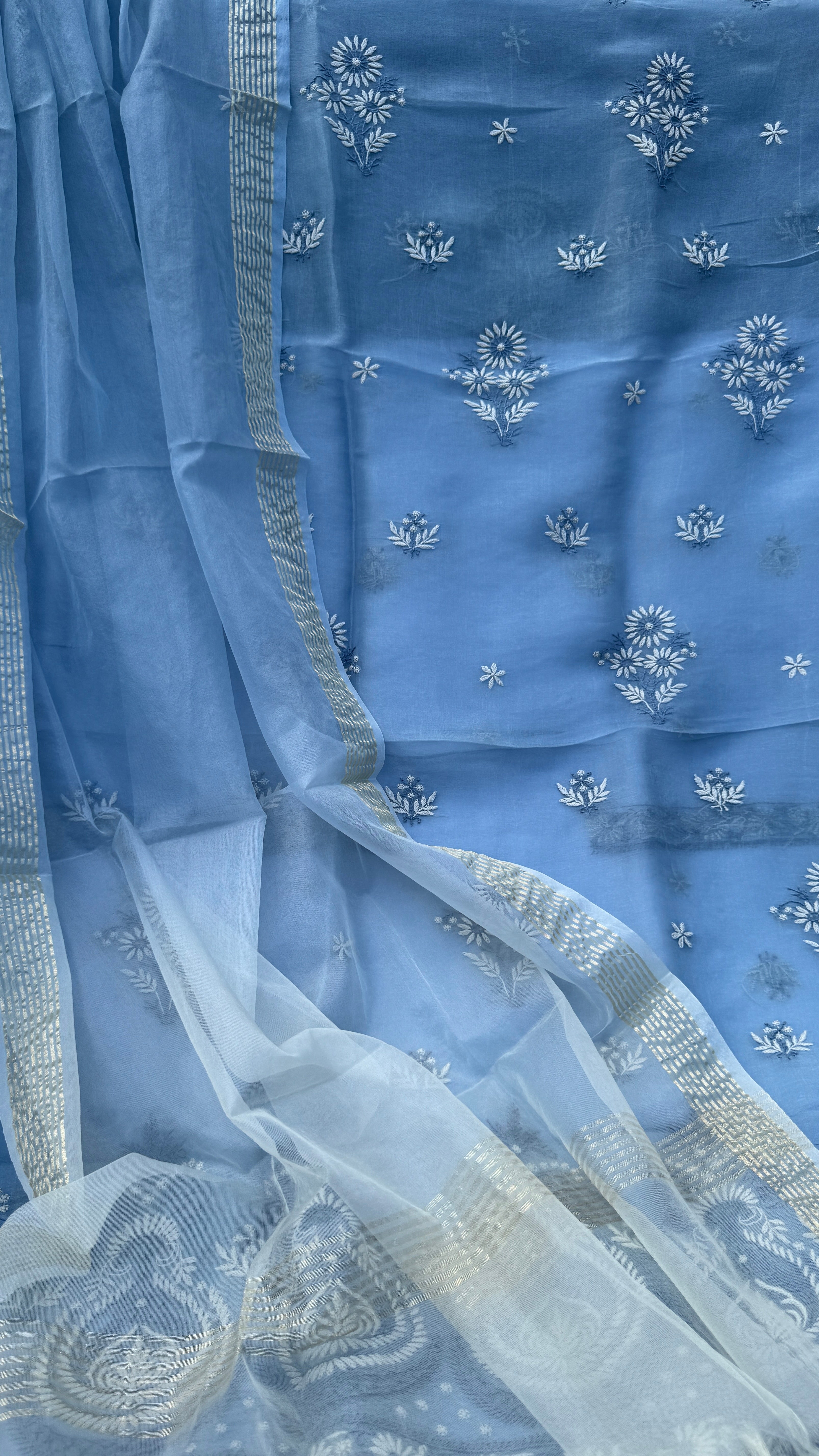 Pure Organza Lucknow Chikankari Unstitched Suit Set - Grey multi-color