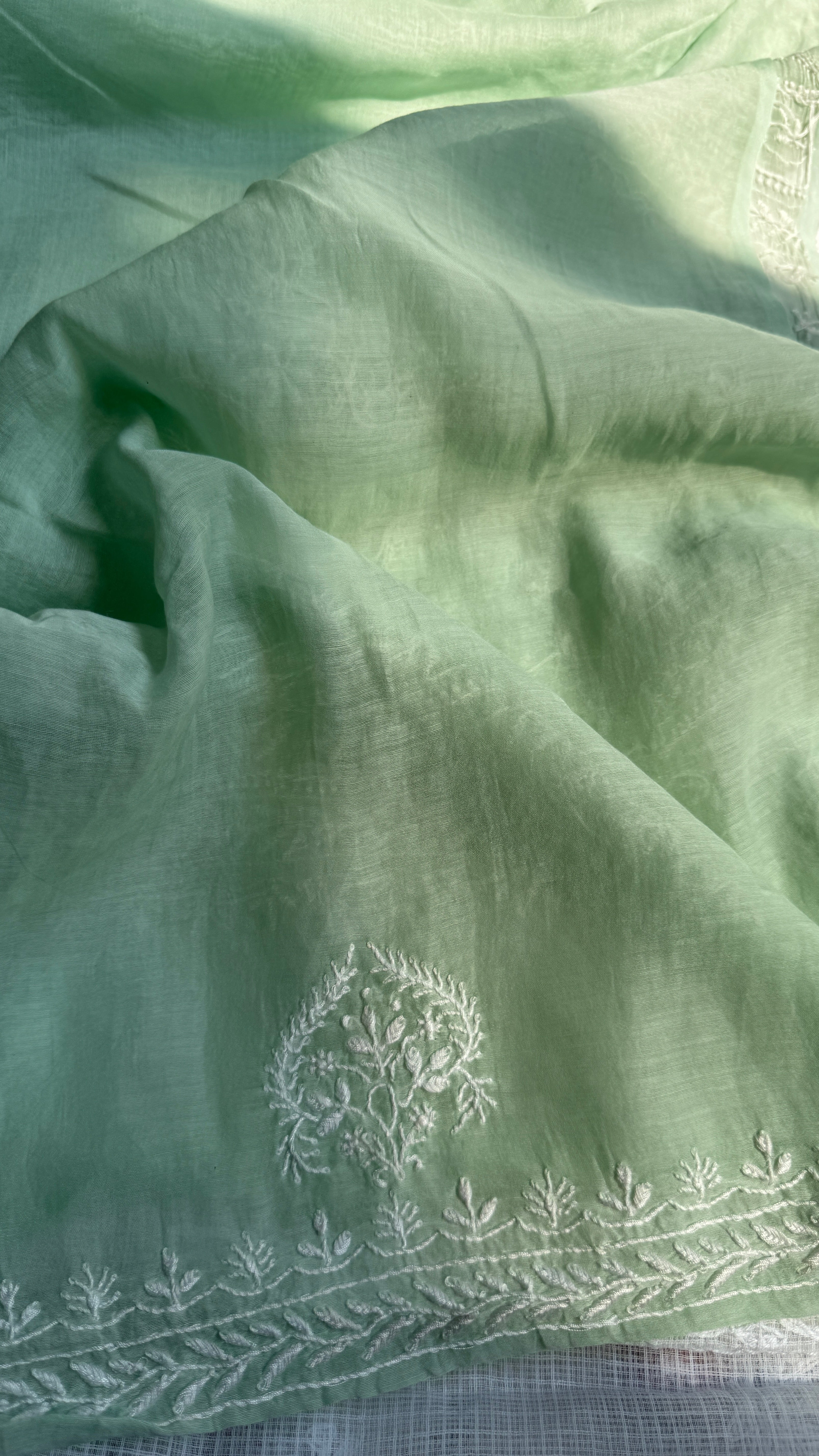 Pure Mul Chanderi Chikankari saree in Green
