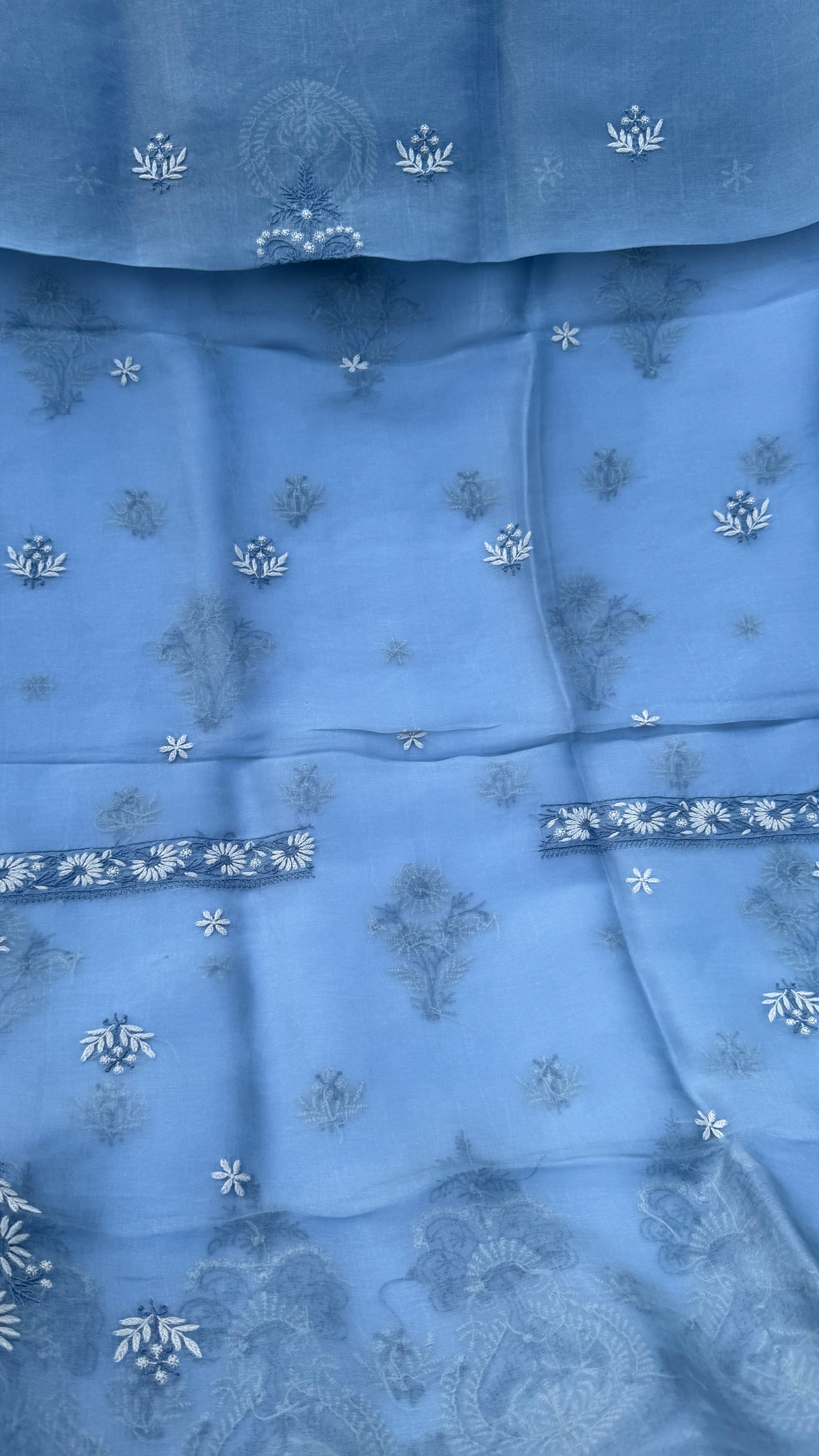 Pure Organza Lucknow Chikankari Unstitched Suit Set - Grey multi-color