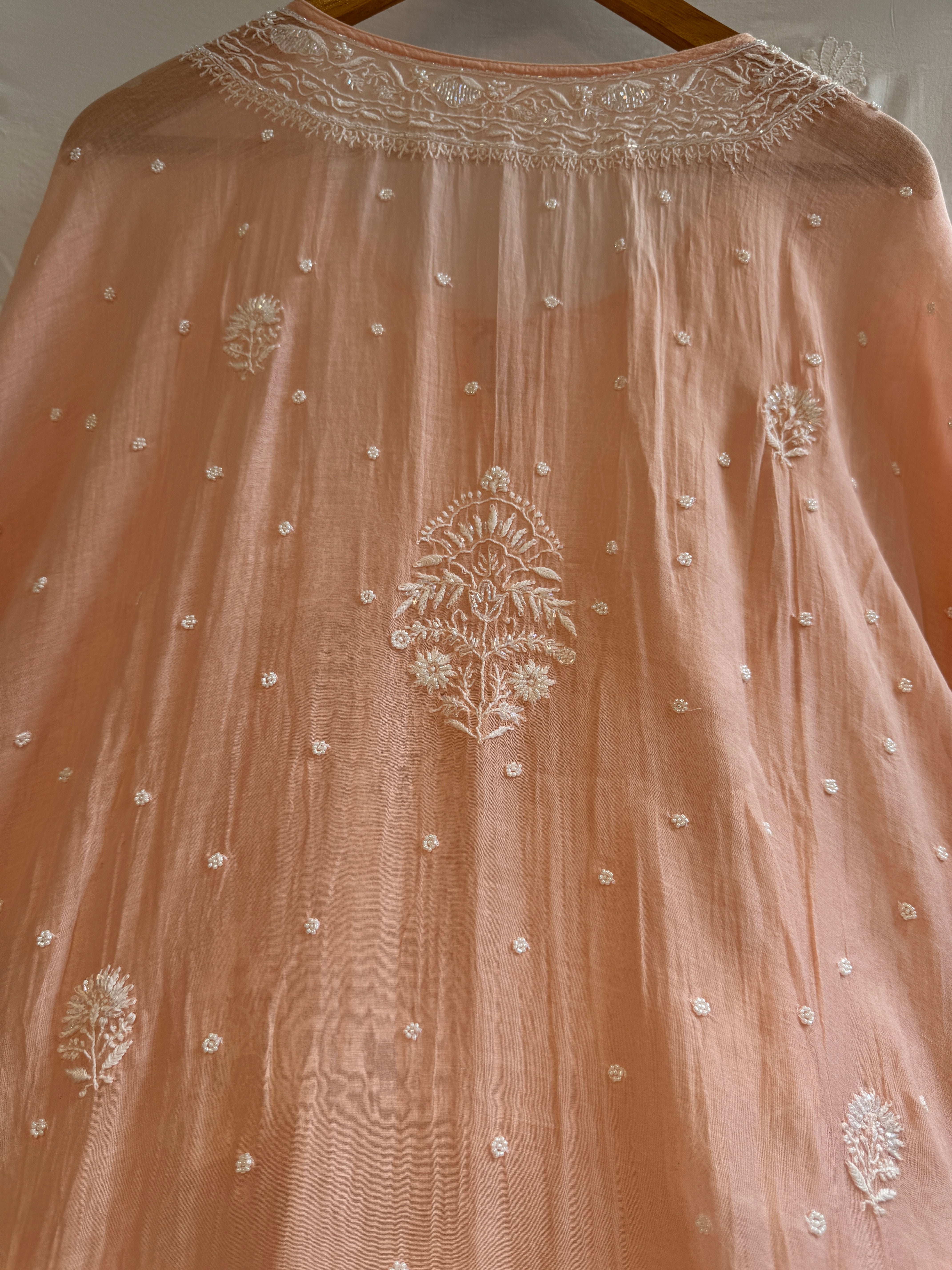 Mul Chanderi Chikankari Kaftan - Peach
