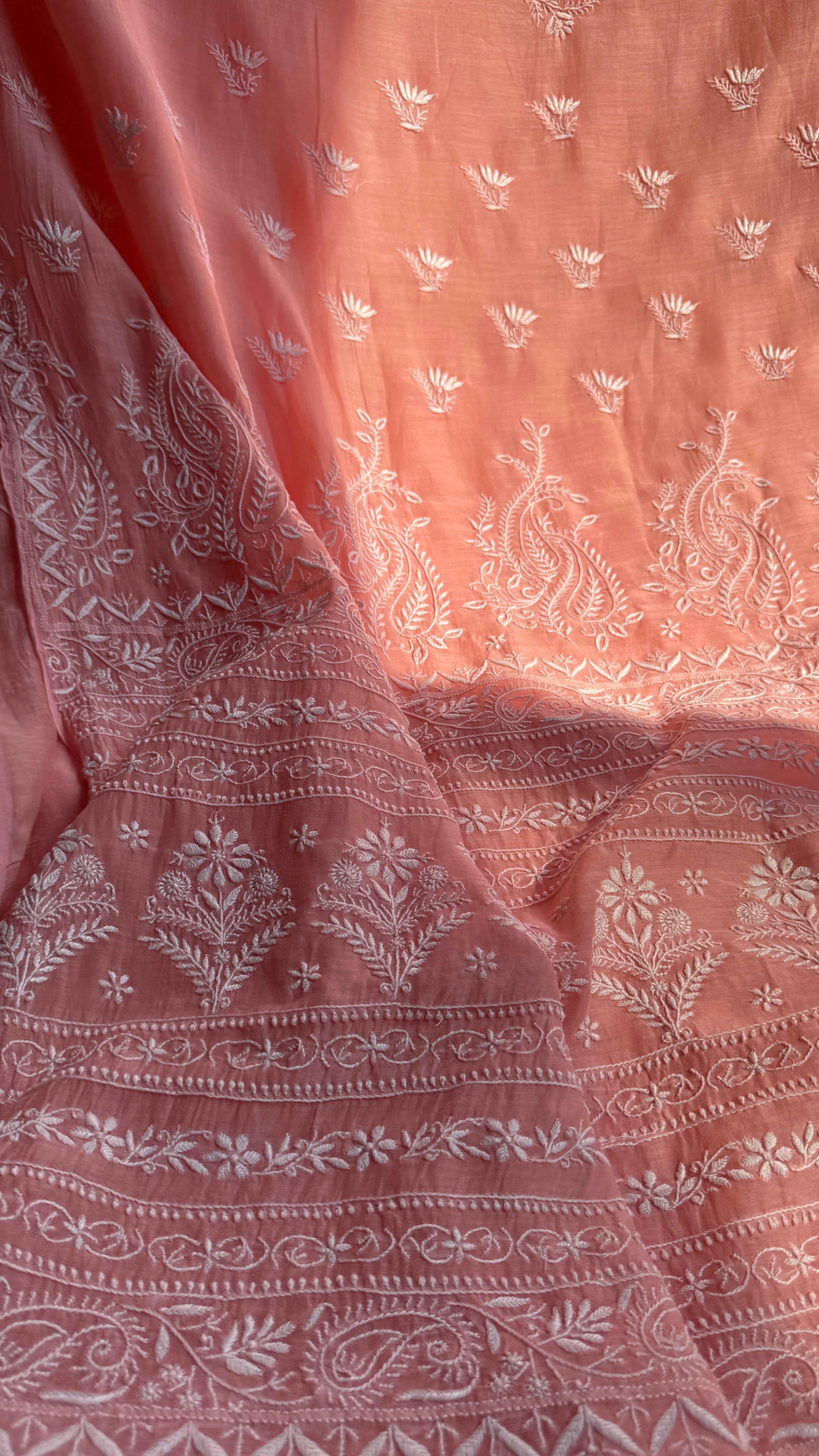 Pure Mul Chanderi Chikankari saree in Peach