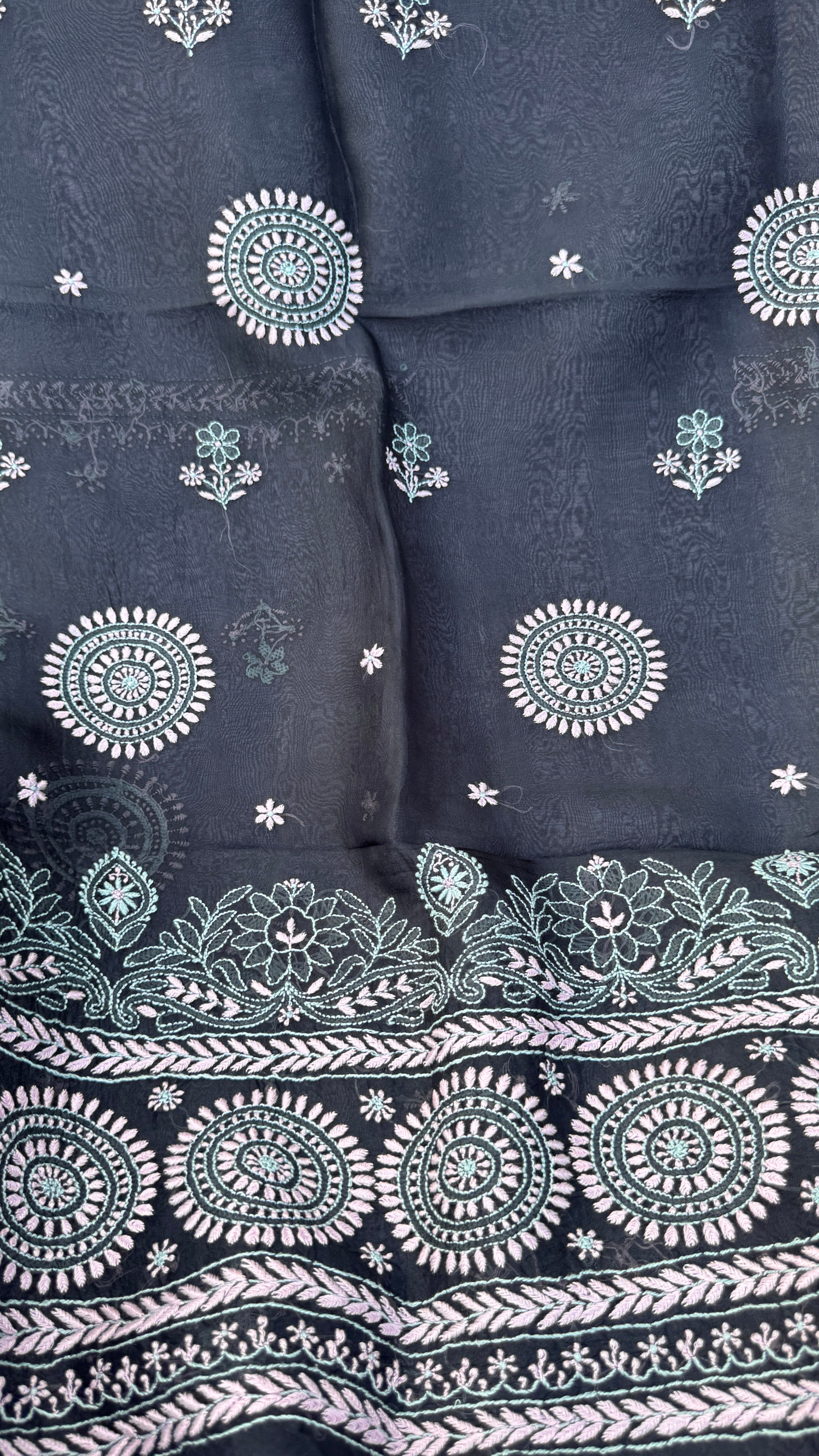 Pure Organza Lucknow Chikankari Unstitched Suit Set - Black multi-color