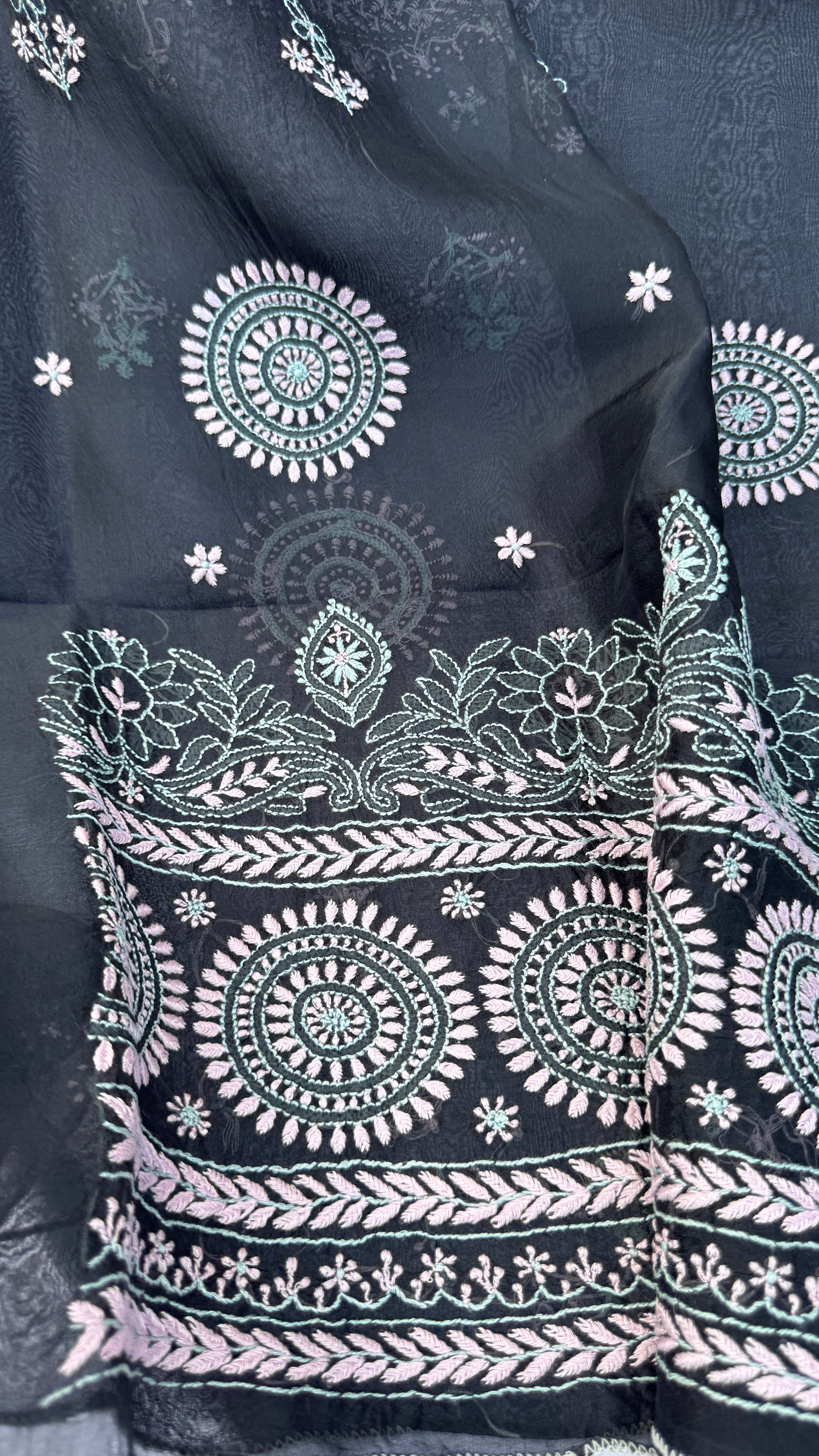 Pure Organza Lucknow Chikankari Unstitched Suit Set - Black multi-color