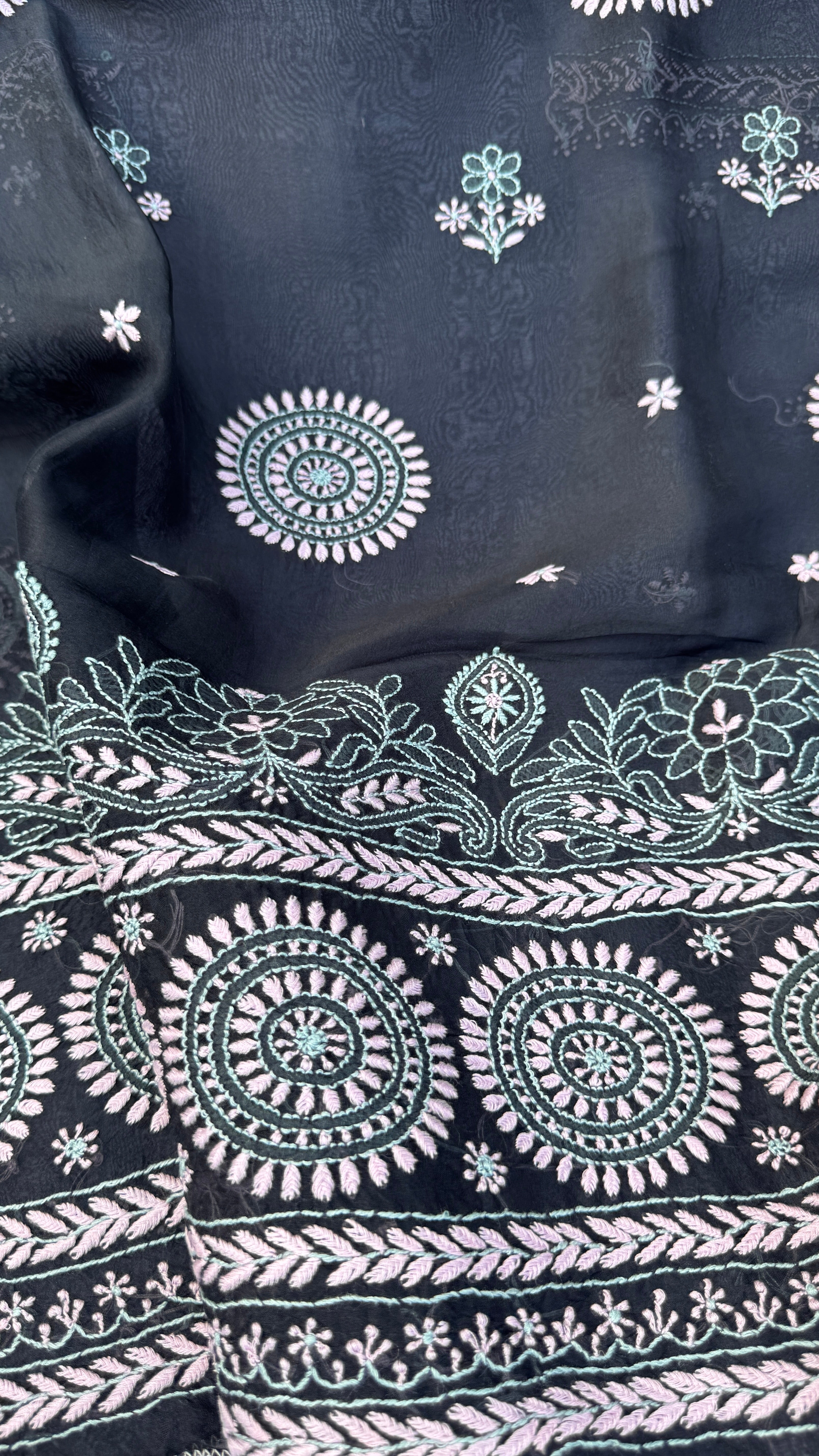 Pure Organza Lucknow Chikankari Unstitched Suit Set - Black multi-color