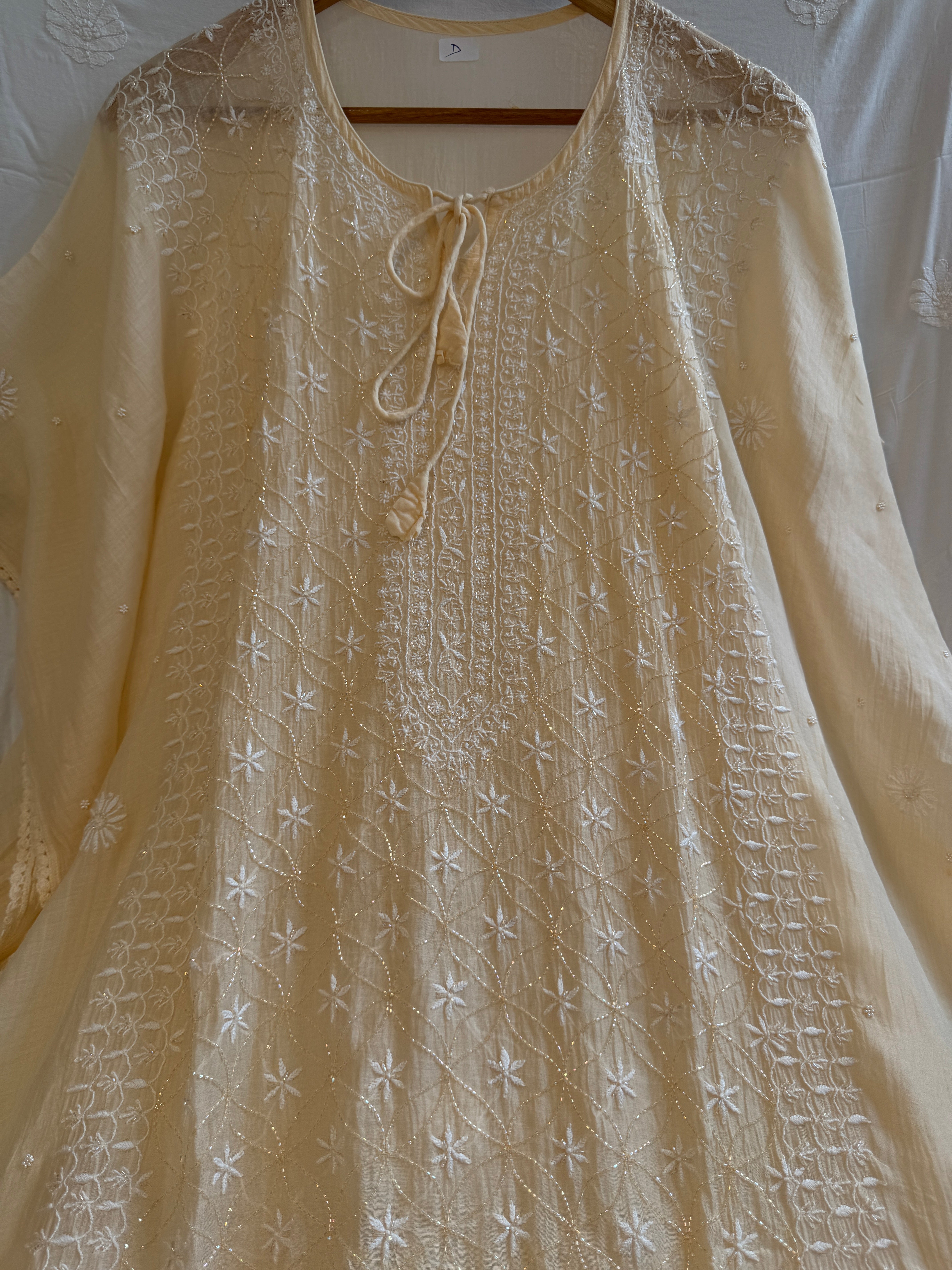 Mul Chanderi Chikankari Kaftan - Ivory