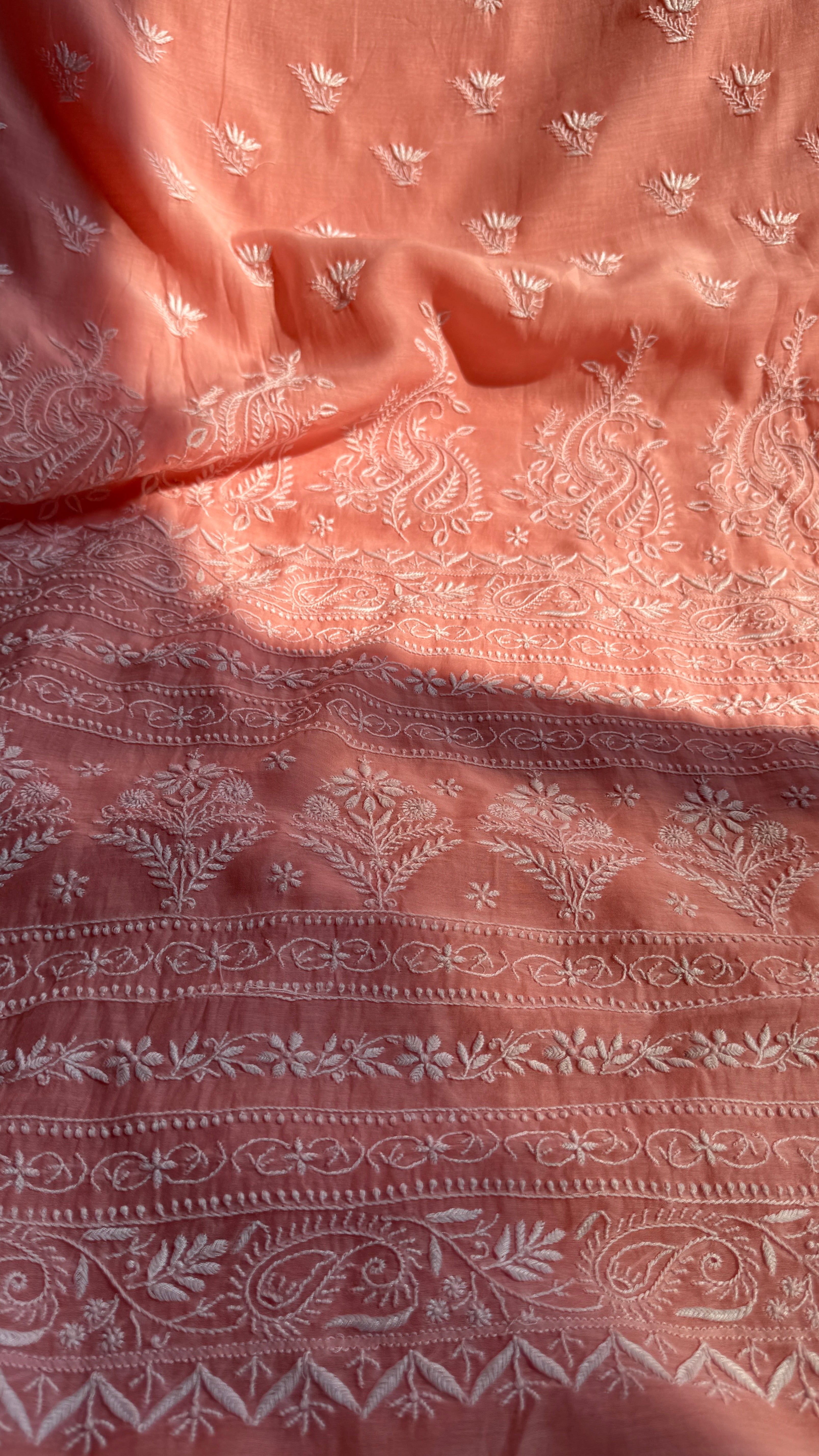 Pure Mul Chanderi Chikankari saree in Peach