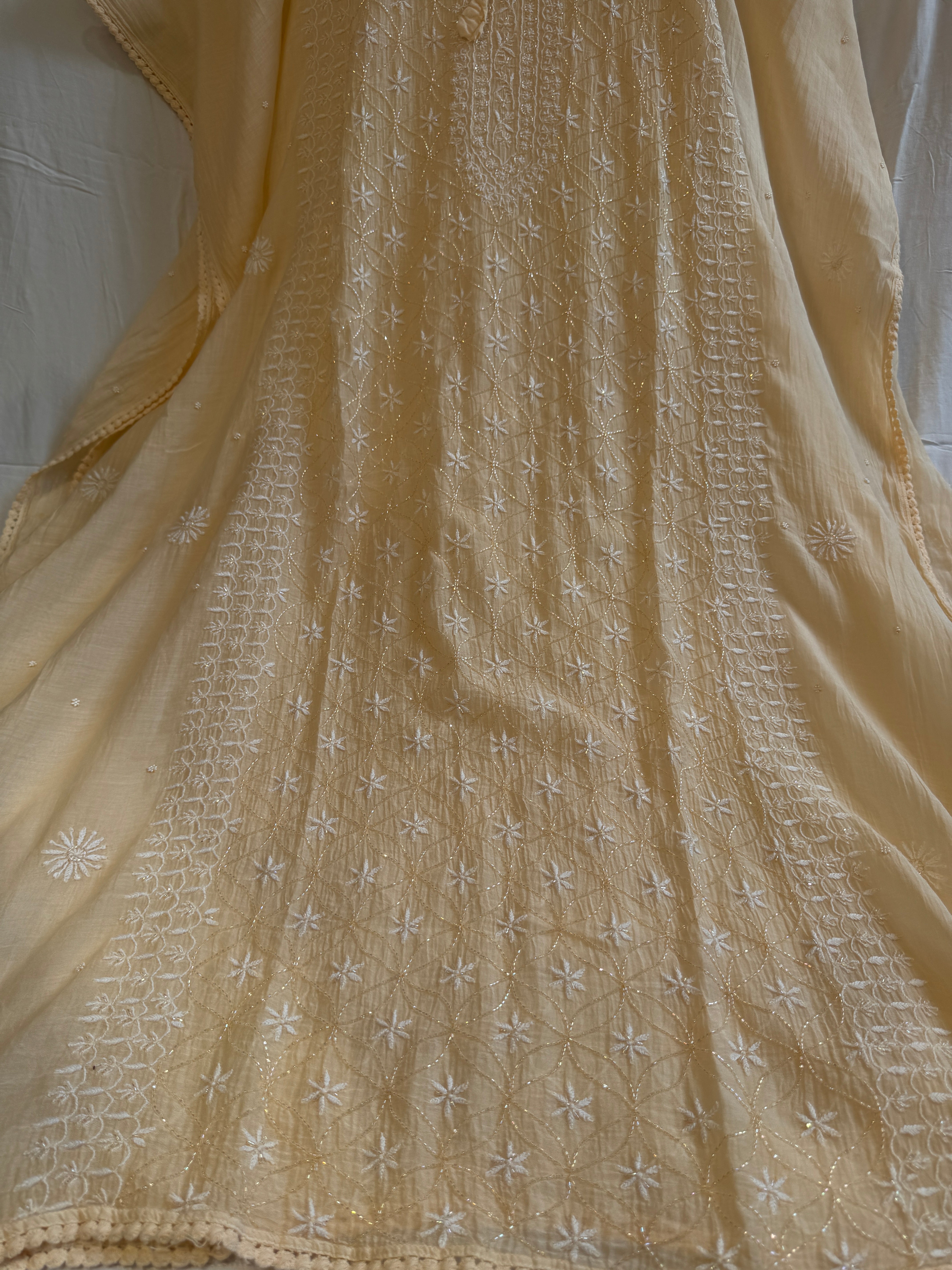 Mul Chanderi Chikankari Kaftan - Ivory