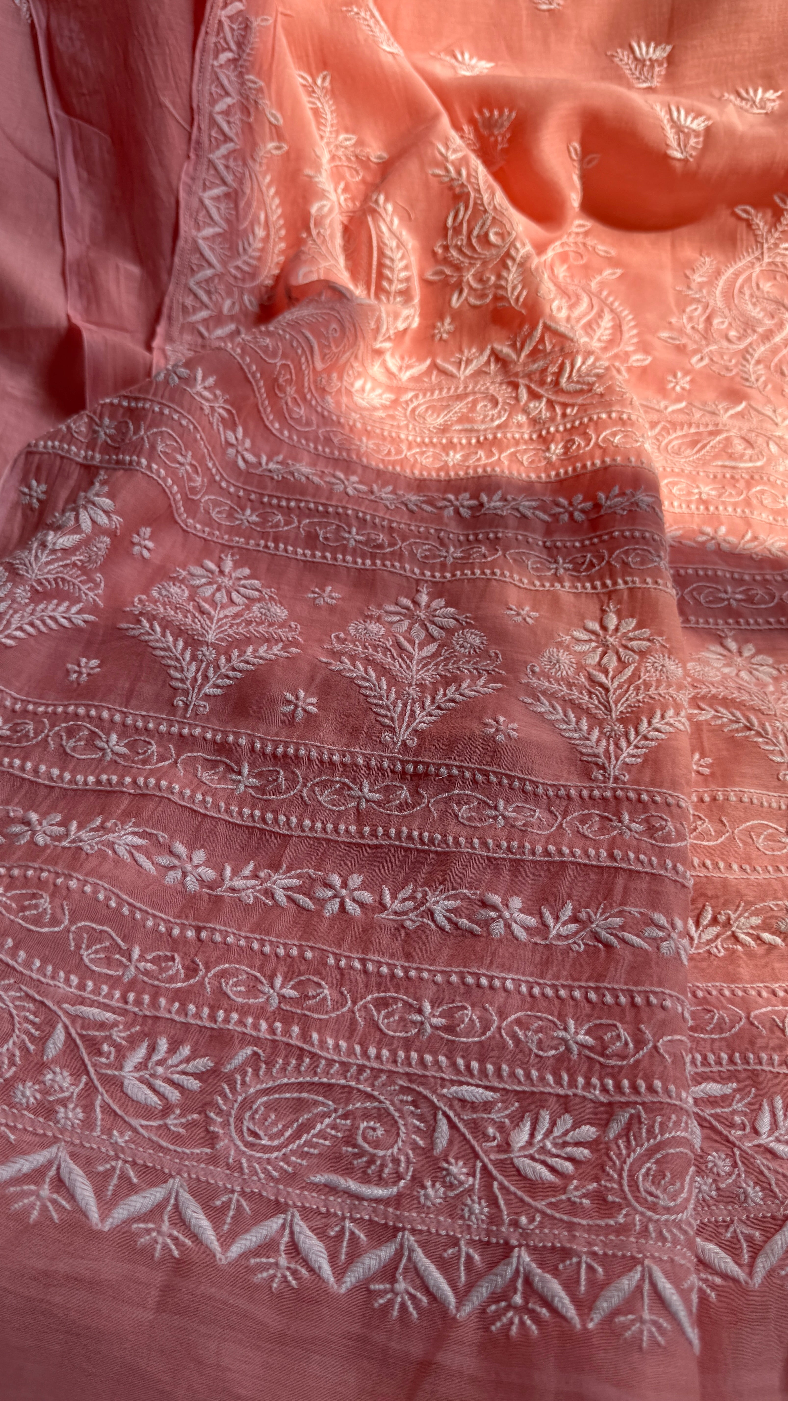 Pure Mul Chanderi Chikankari saree in Peach