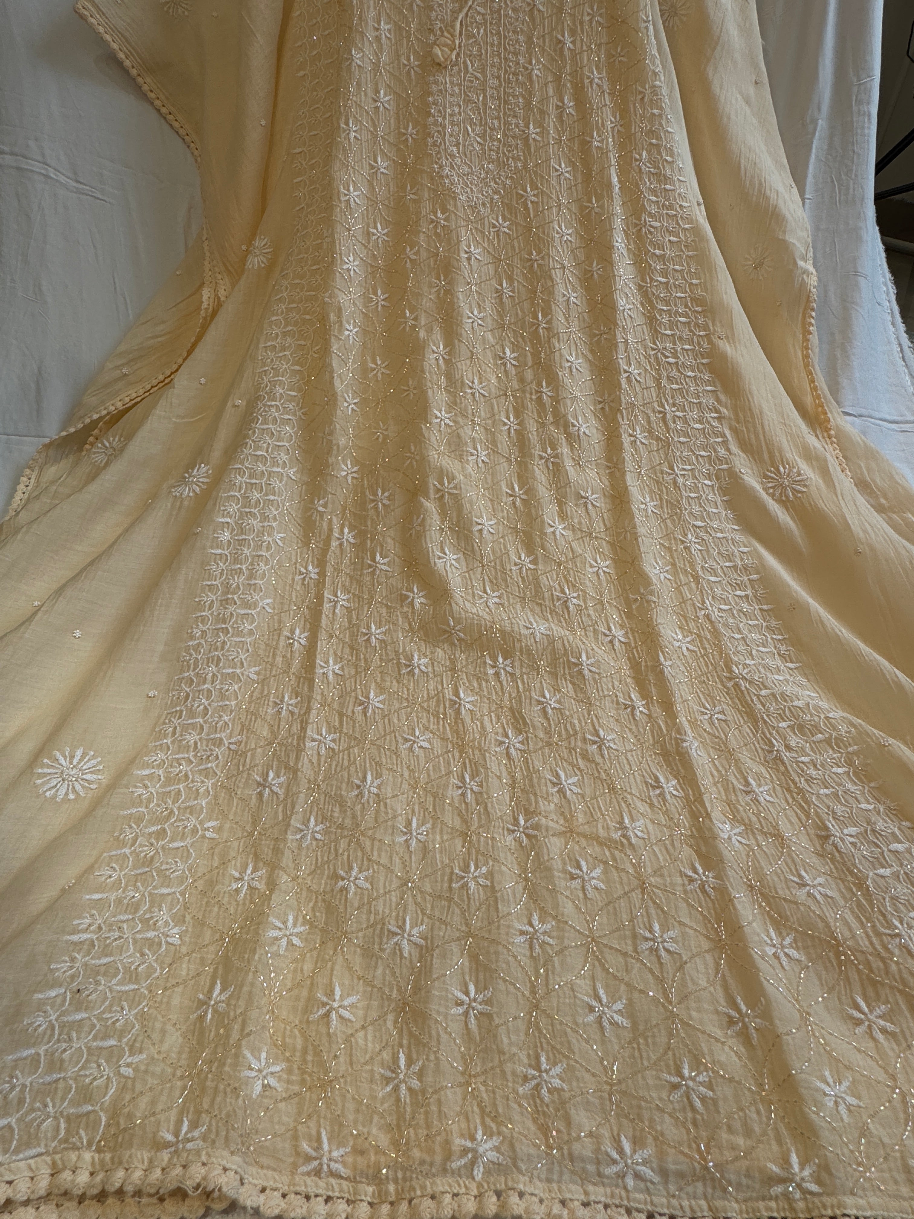 Mul Chanderi Chikankari Kaftan - Ivory