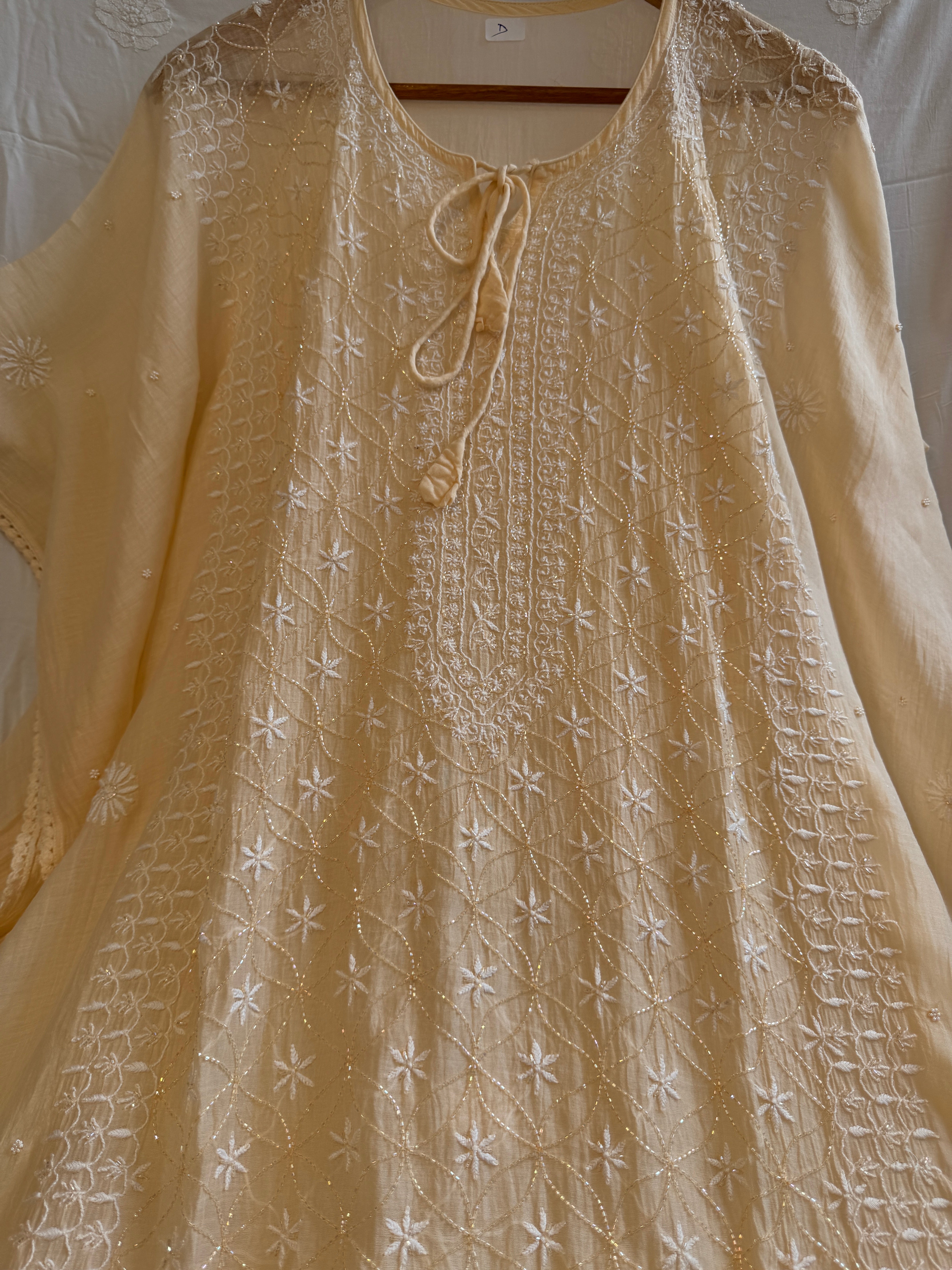 Mul Chanderi Chikankari Kaftan - Ivory