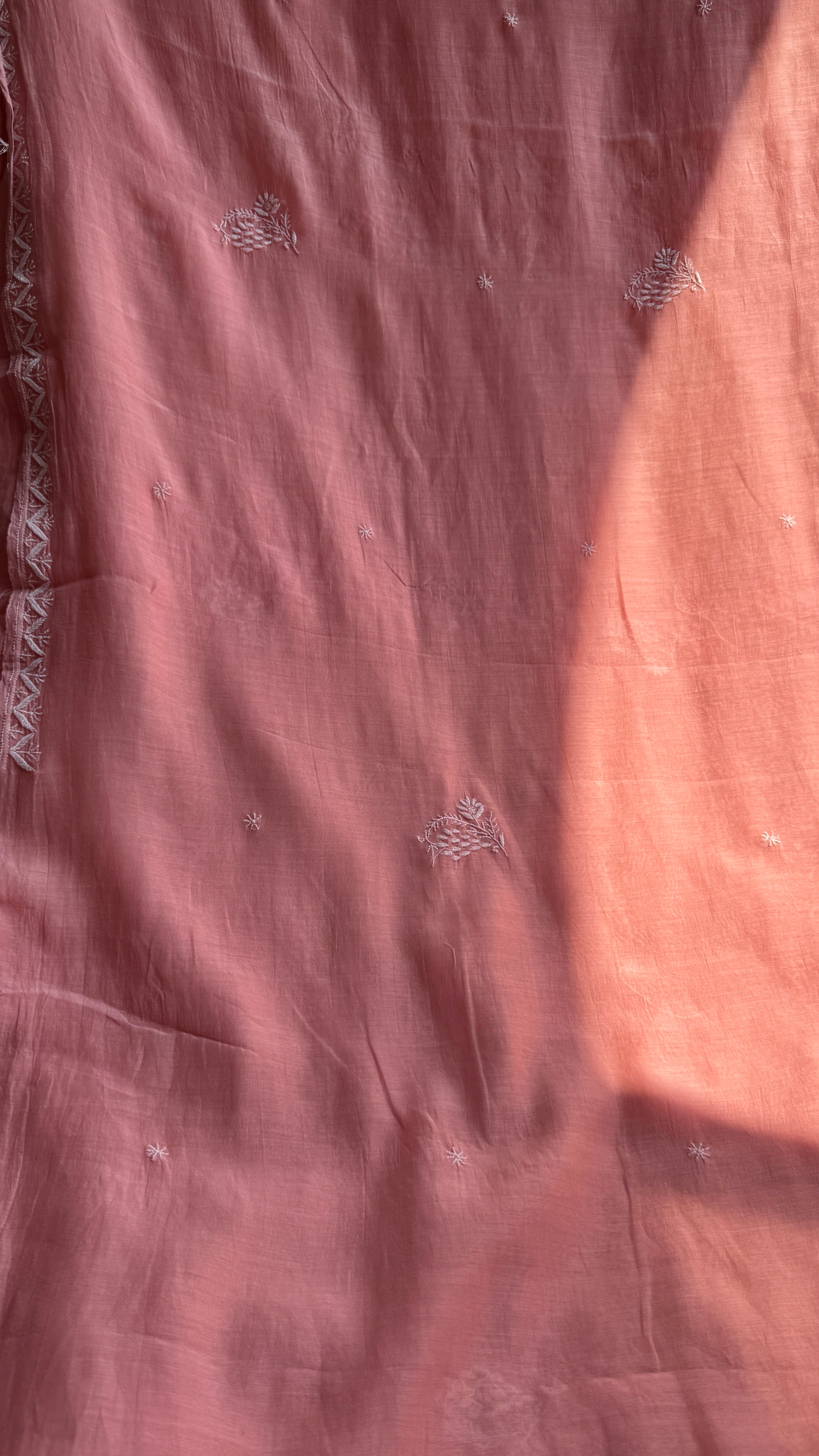 Pure Mul Chanderi Chikankari saree in Peach