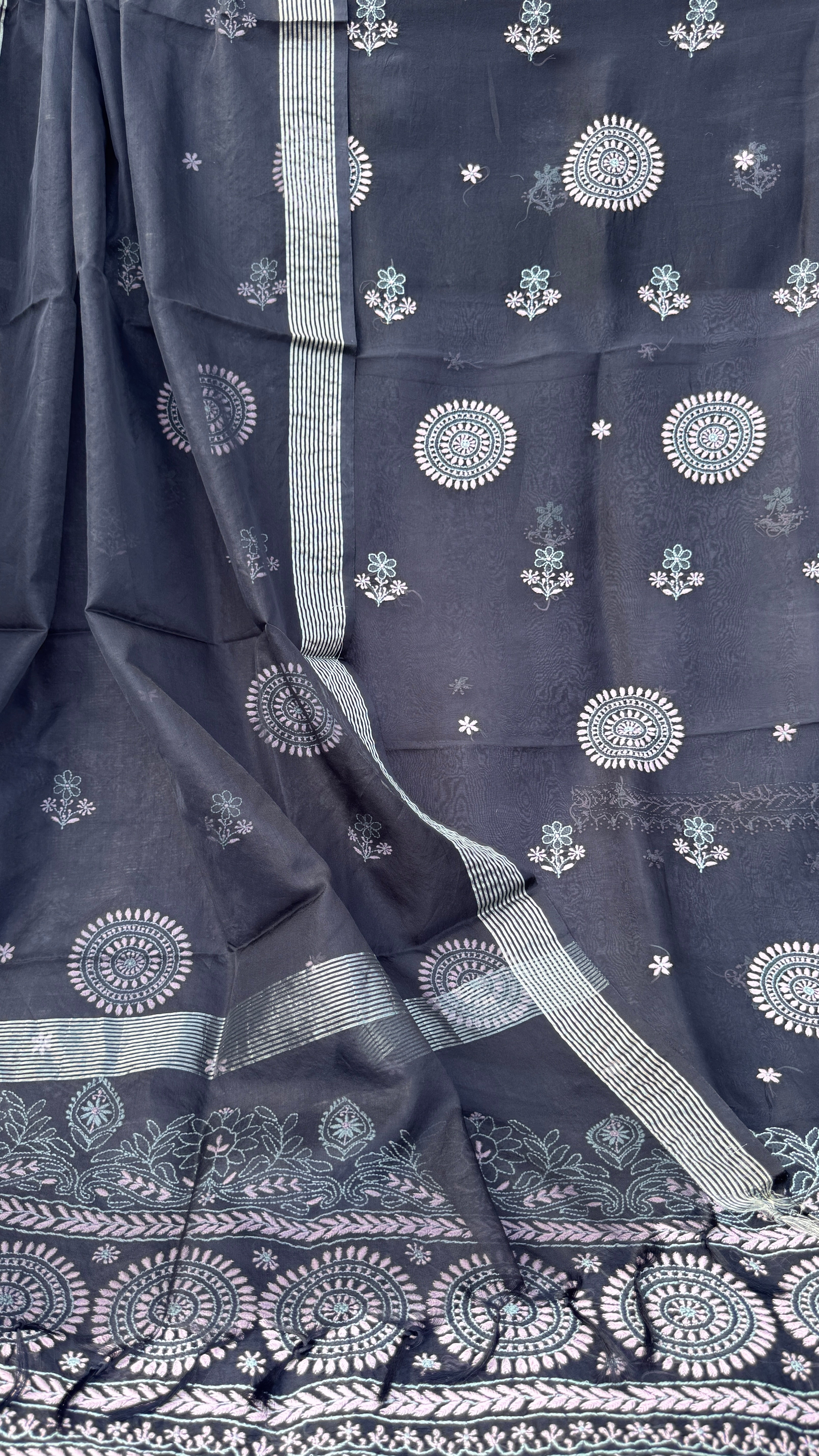 Pure Organza Lucknow Chikankari Unstitched Suit Set - Black multi-color