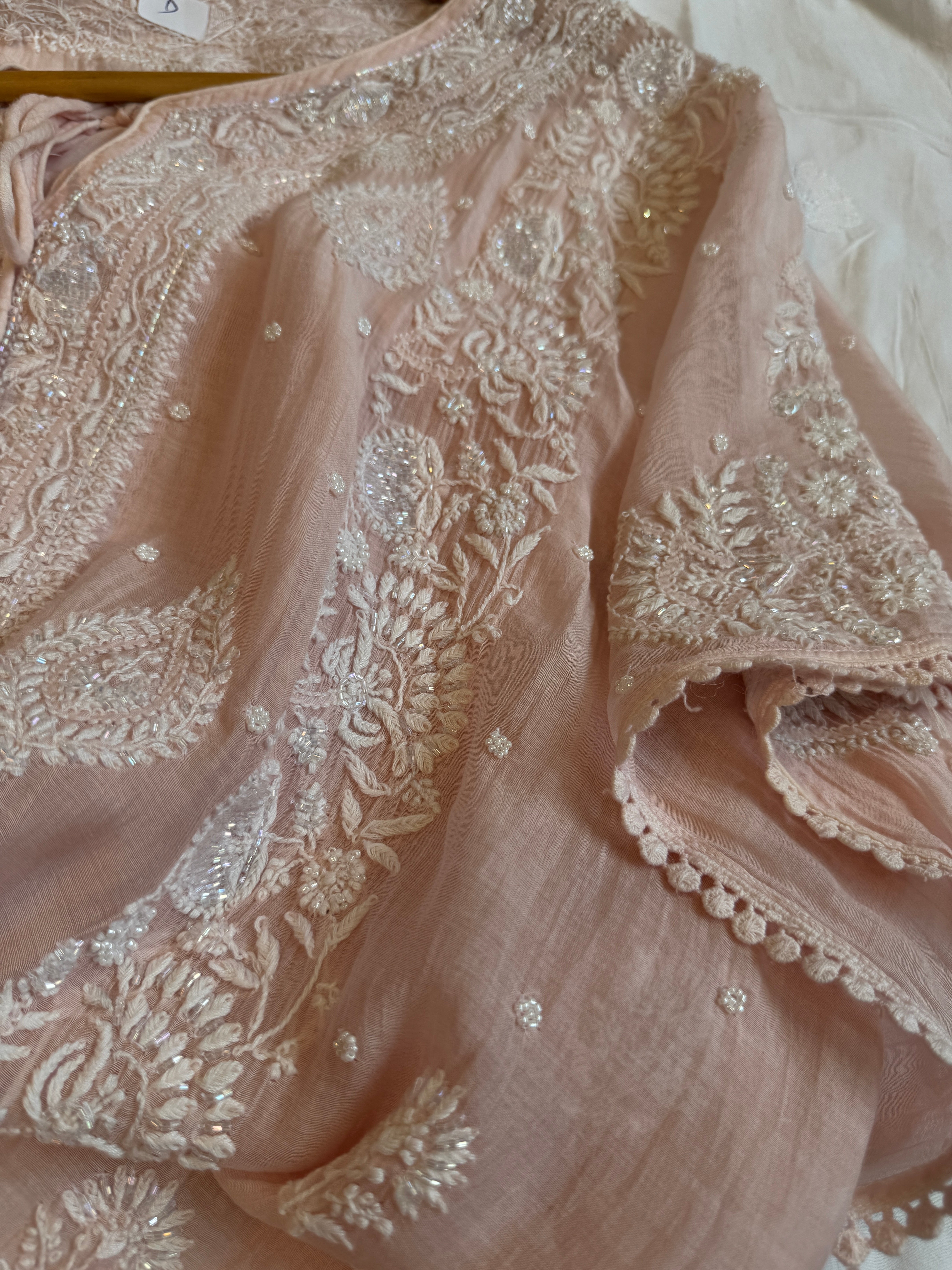 Mul Chanderi Chikankari Kaftan - Pale Pink