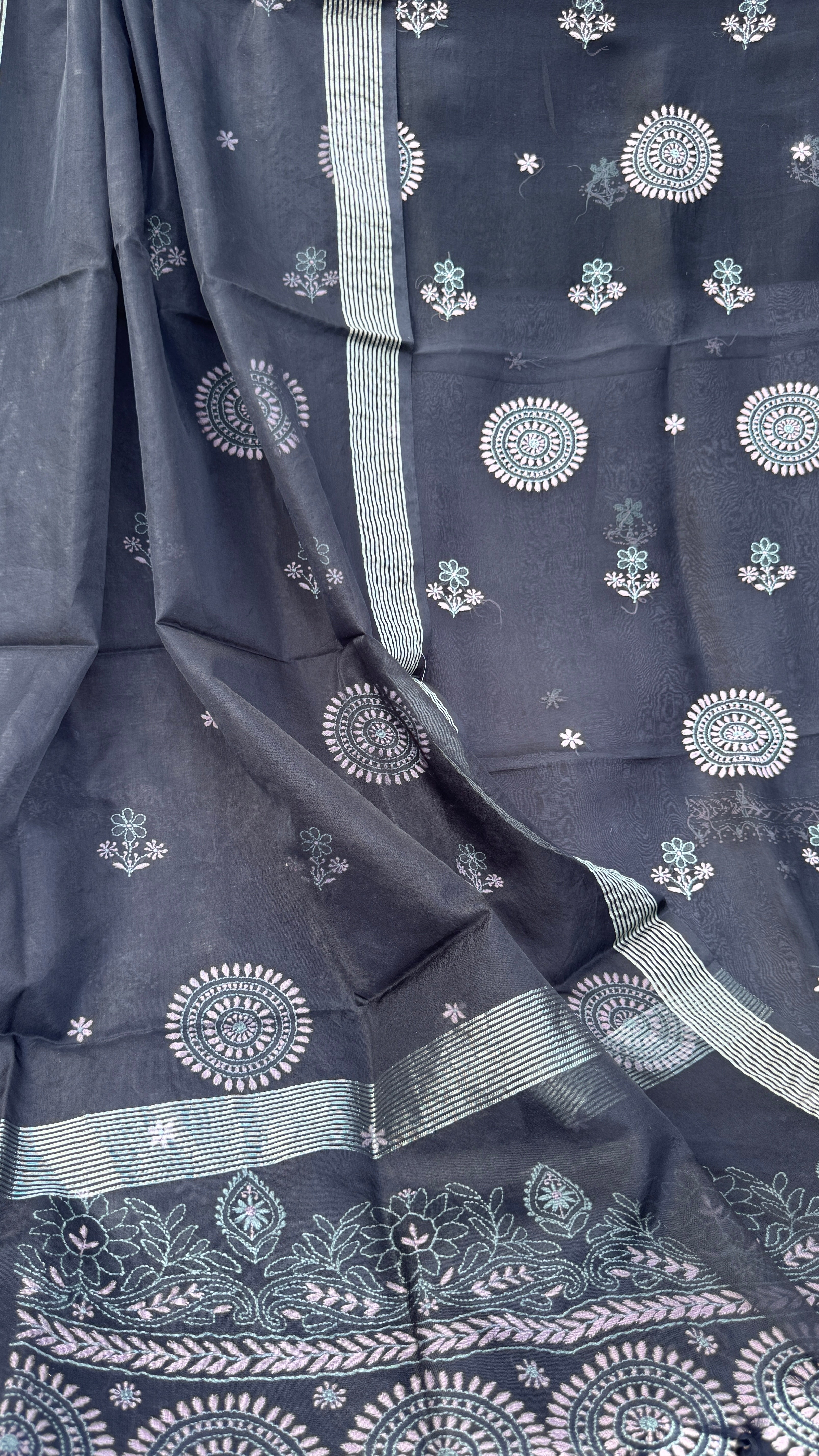 Pure Organza Lucknow Chikankari Unstitched Suit Set - Black multi-color