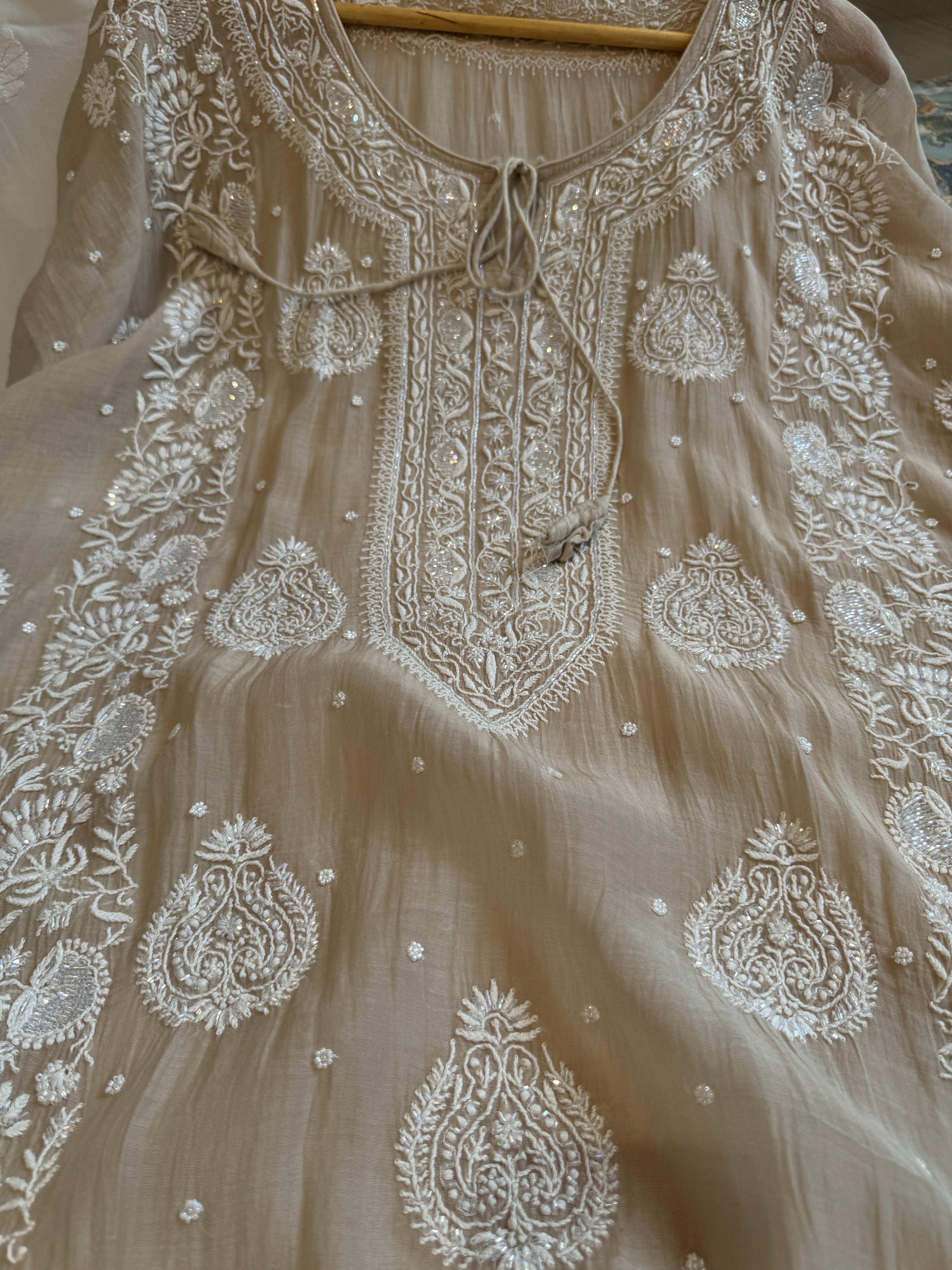 Mul Chanderi Chikankari Kaftan - Beige