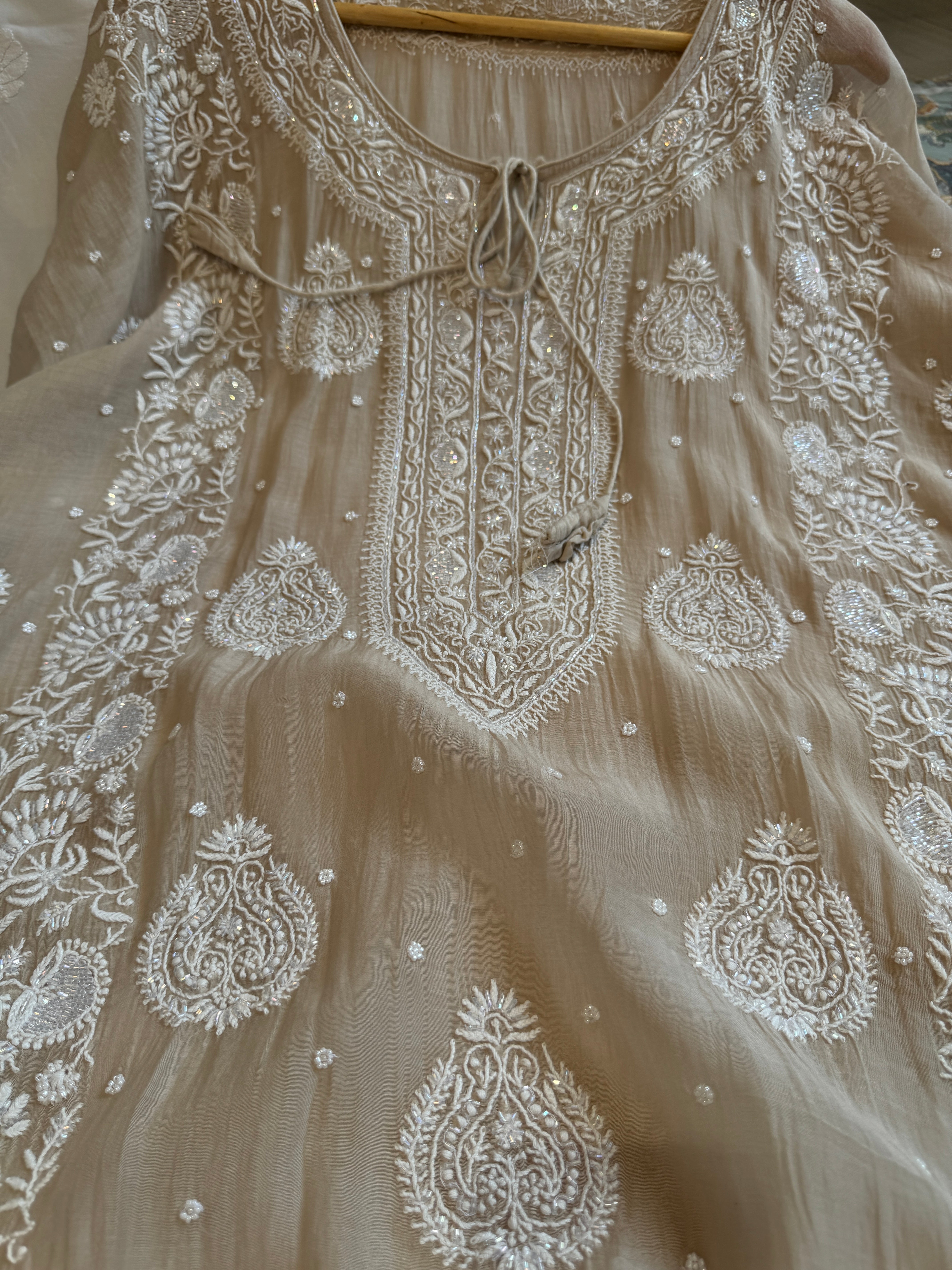 Mul Chanderi Chikankari Kaftan - Beige ARIAA CHIKANKARI