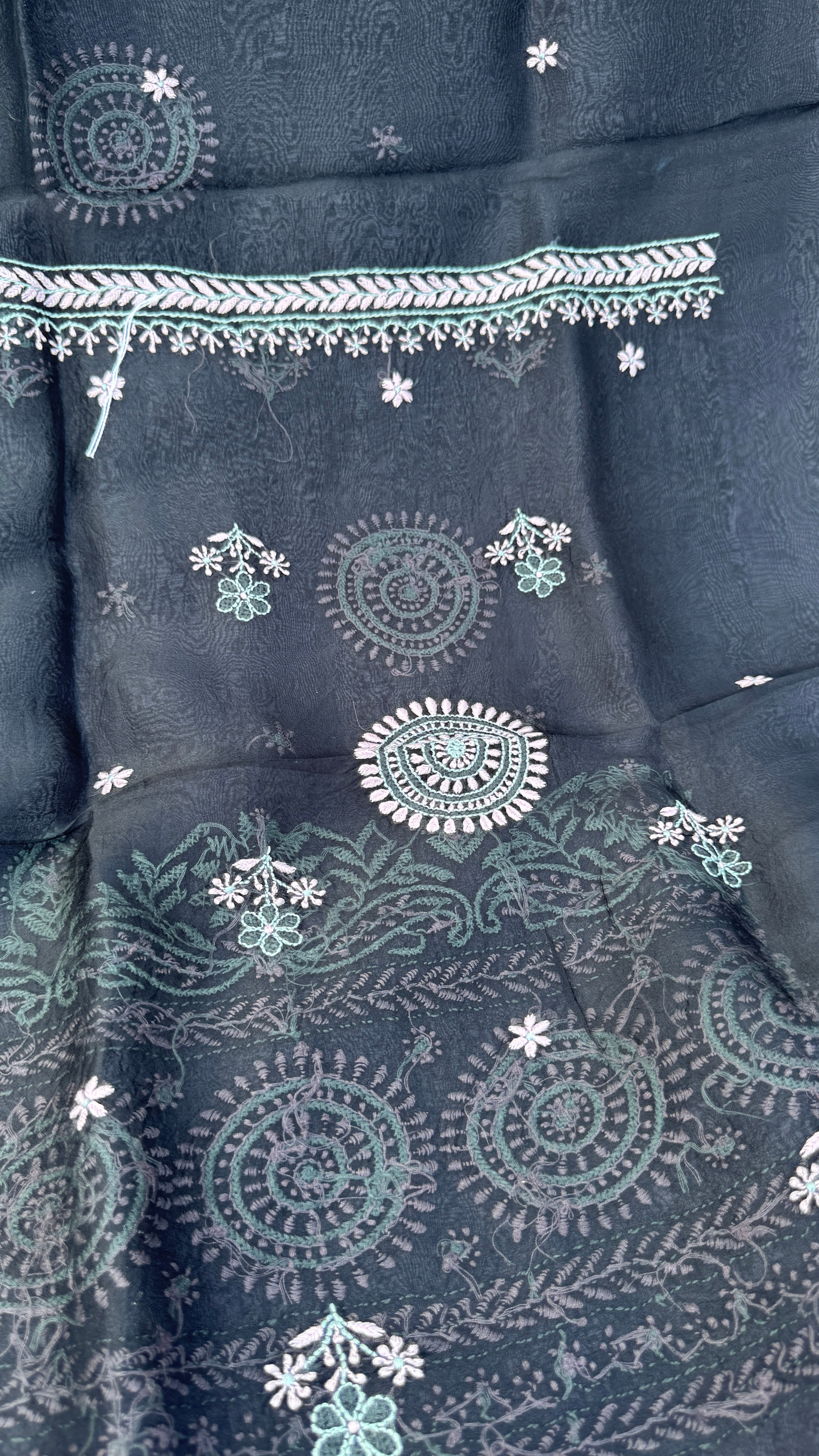 Pure Organza Lucknow Chikankari Unstitched Suit Set - Black multi-color