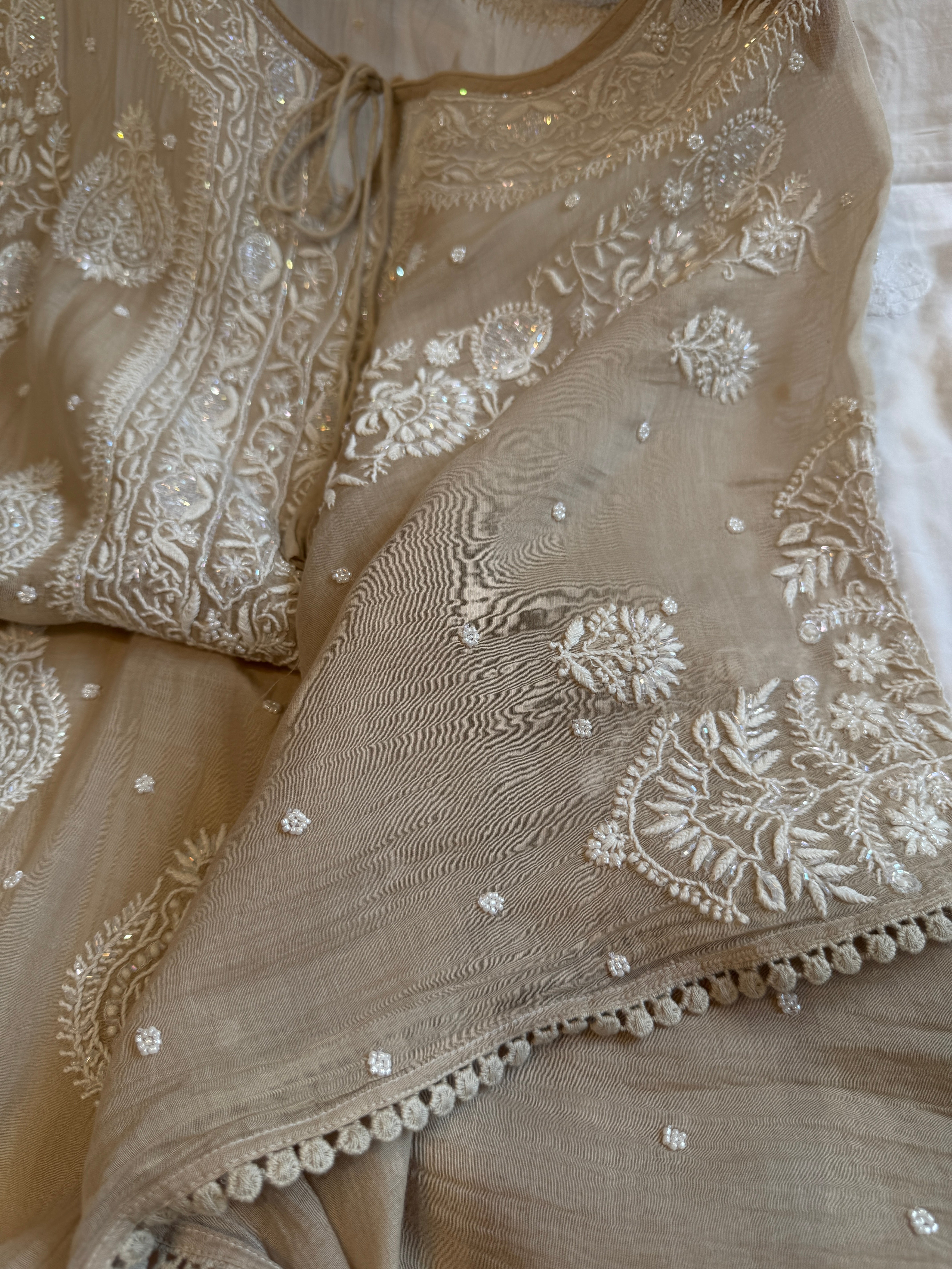 Mul Chanderi Chikankari Kaftan - Beige ARIAA CHIKANKARI