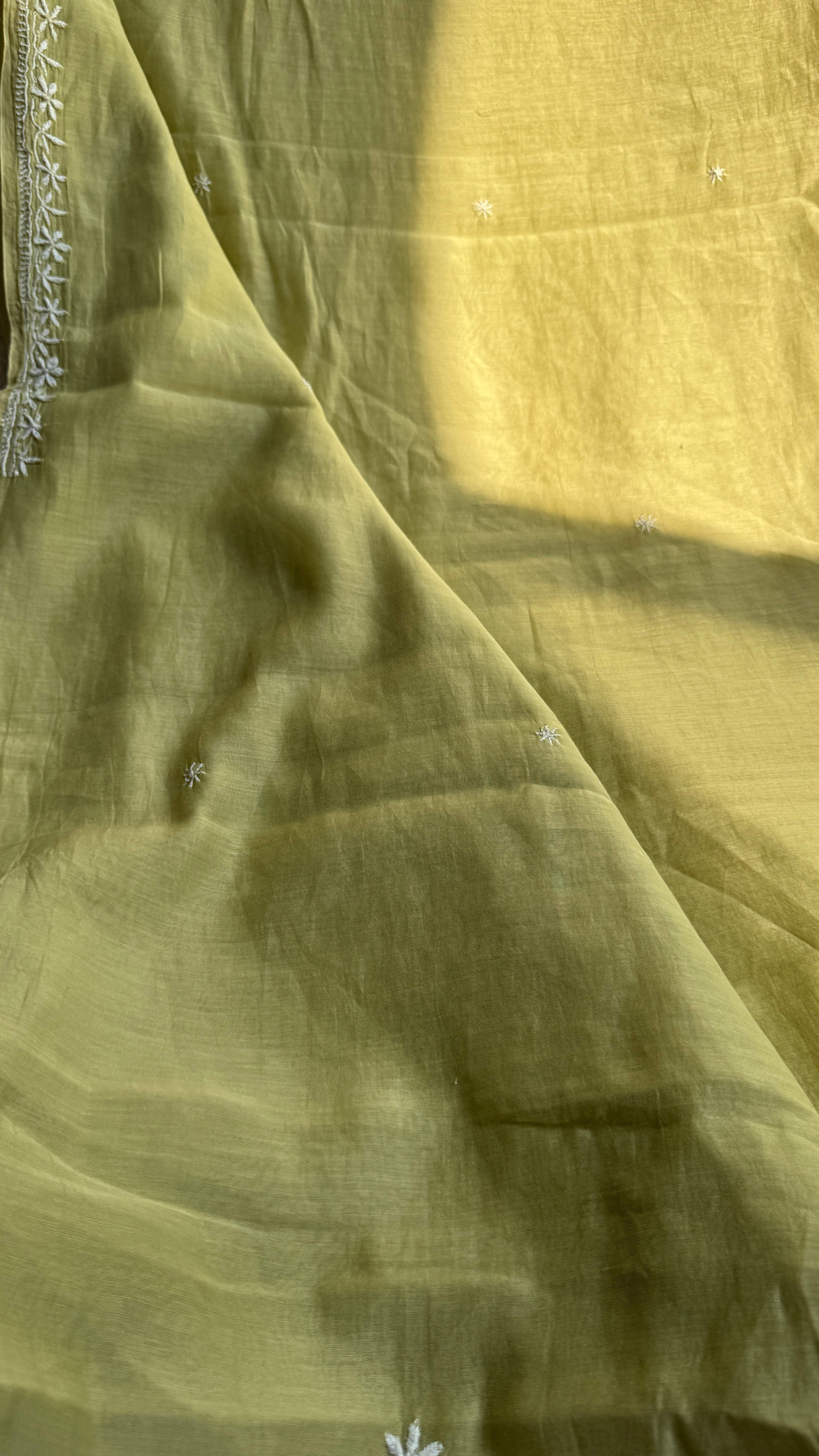 Pure Mul Chanderi Chikankari saree in Green