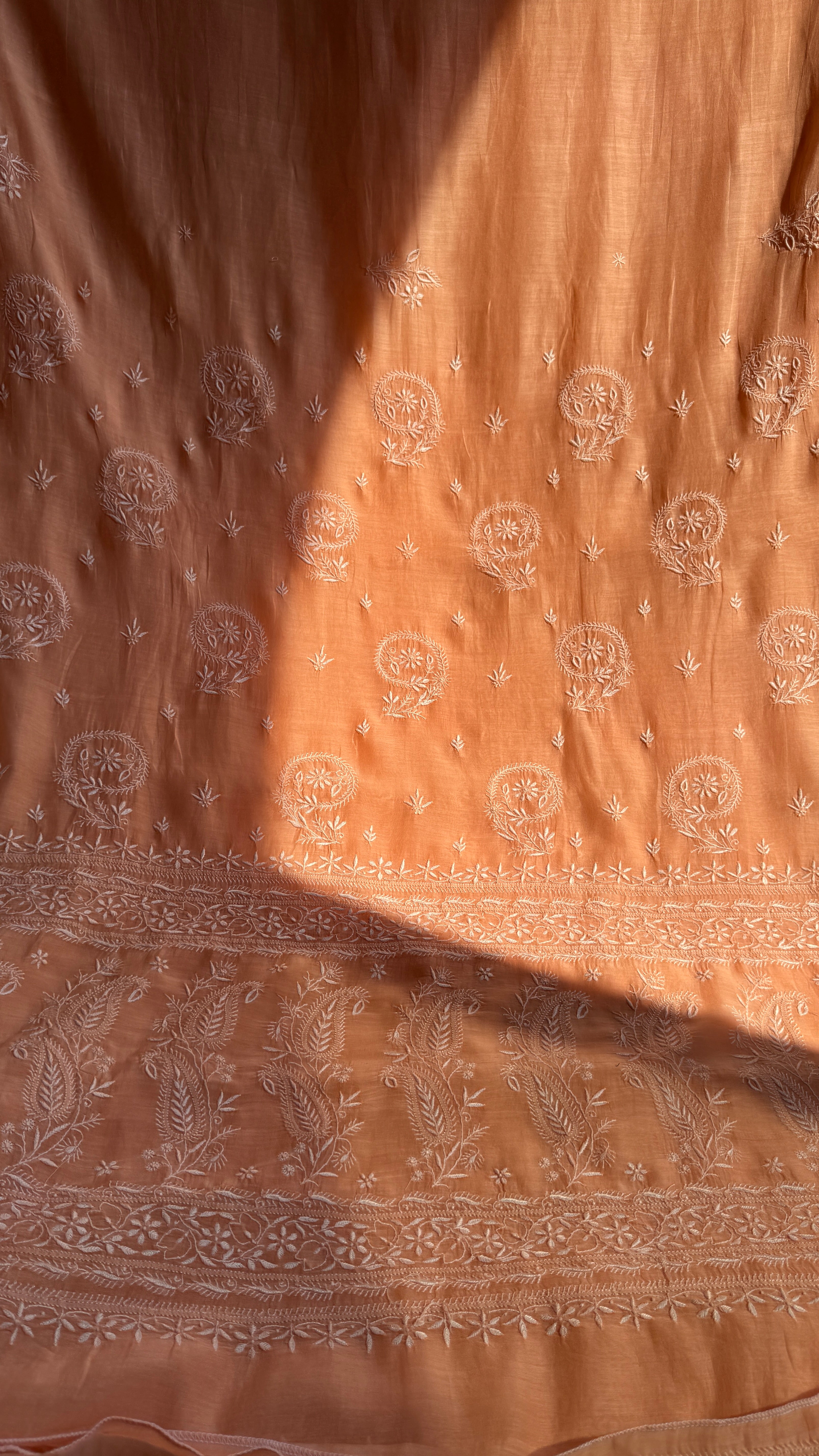 Pure Mul Chanderi Chikankari saree in Peach