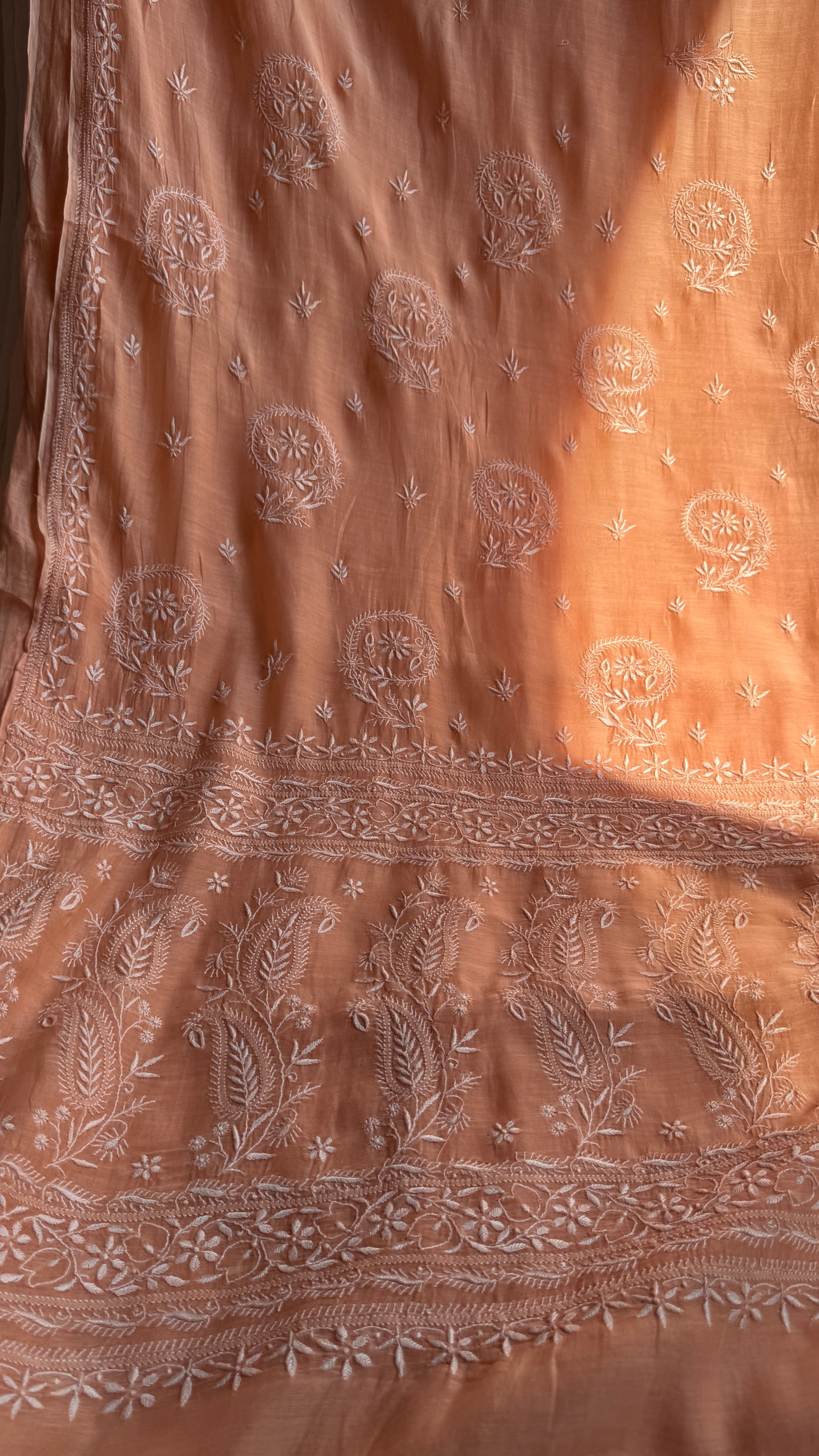 Pure Mul Chanderi Chikankari saree in Peach