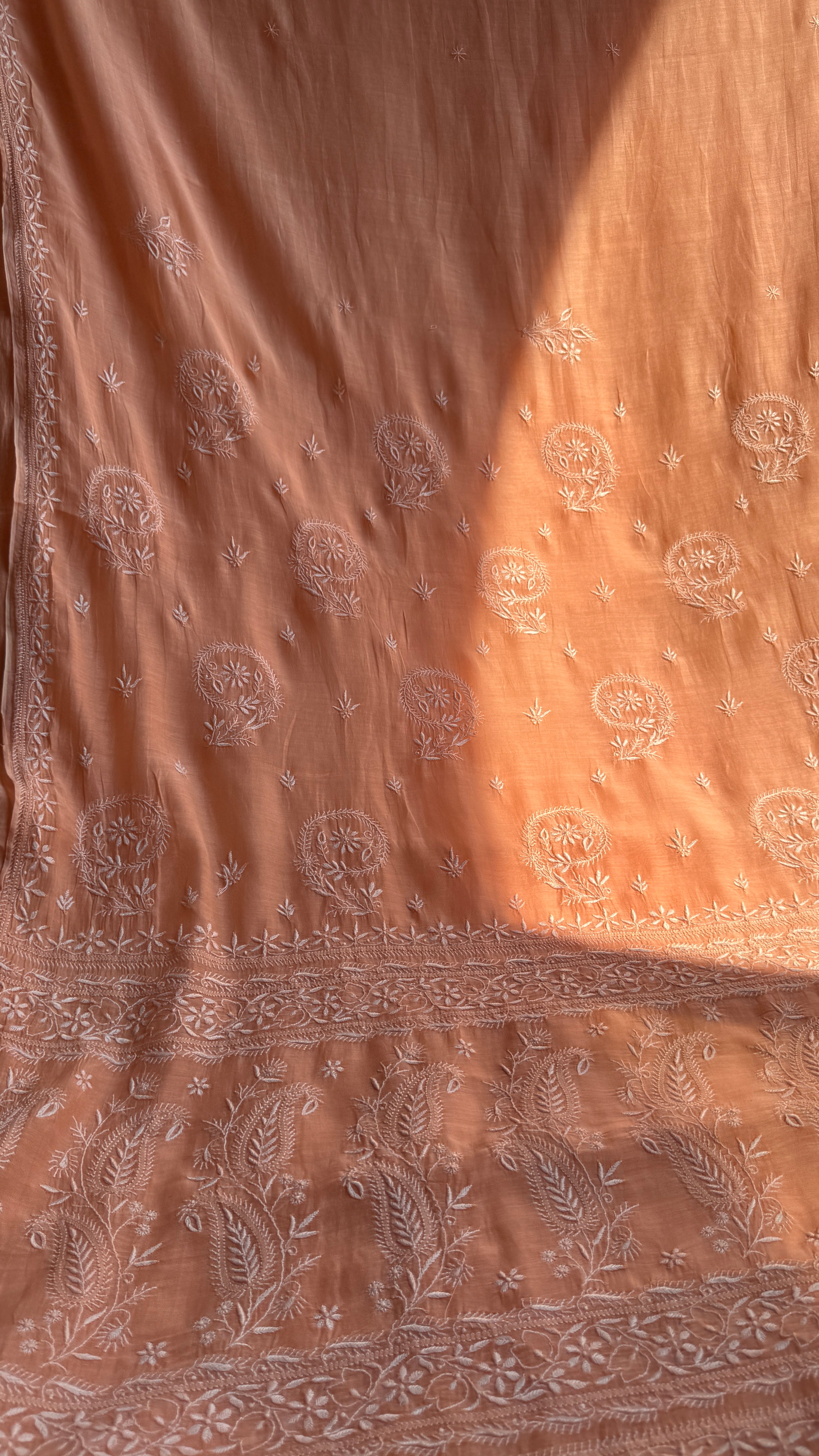 Pure Mul Chanderi Chikankari saree in Peach