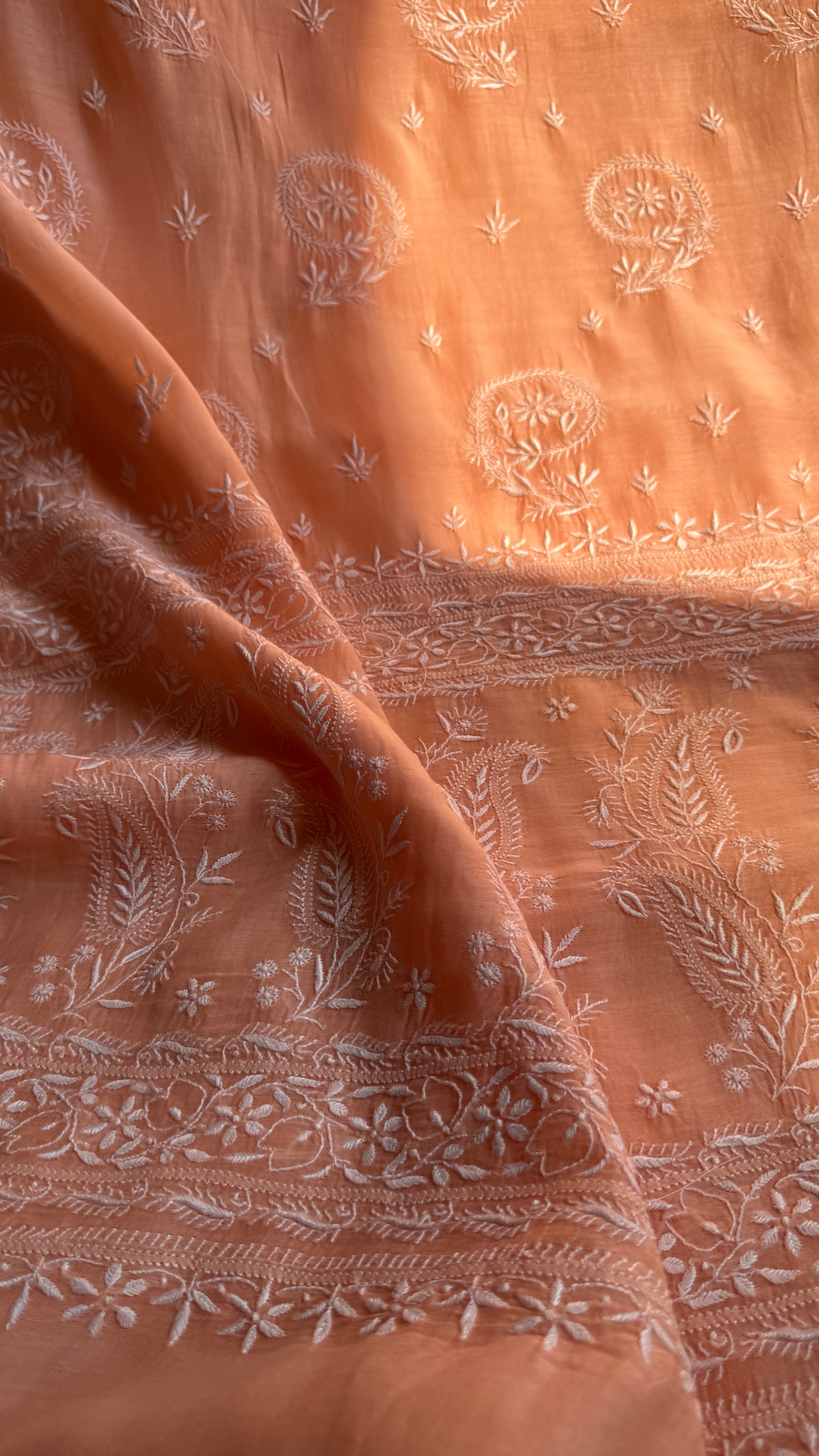 Pure Mul Chanderi Chikankari saree in Peach