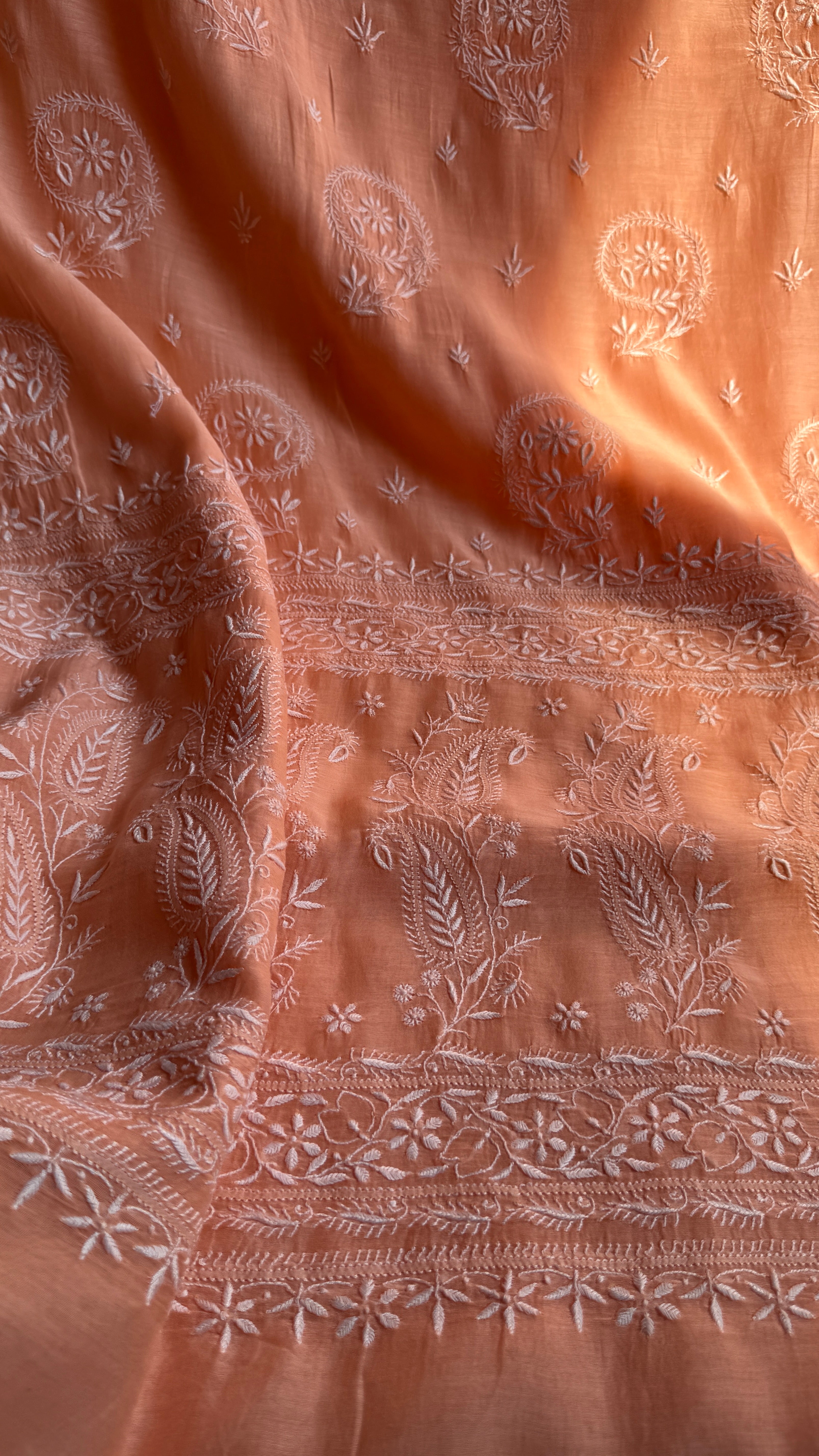 Pure Mul Chanderi Chikankari saree in Peach