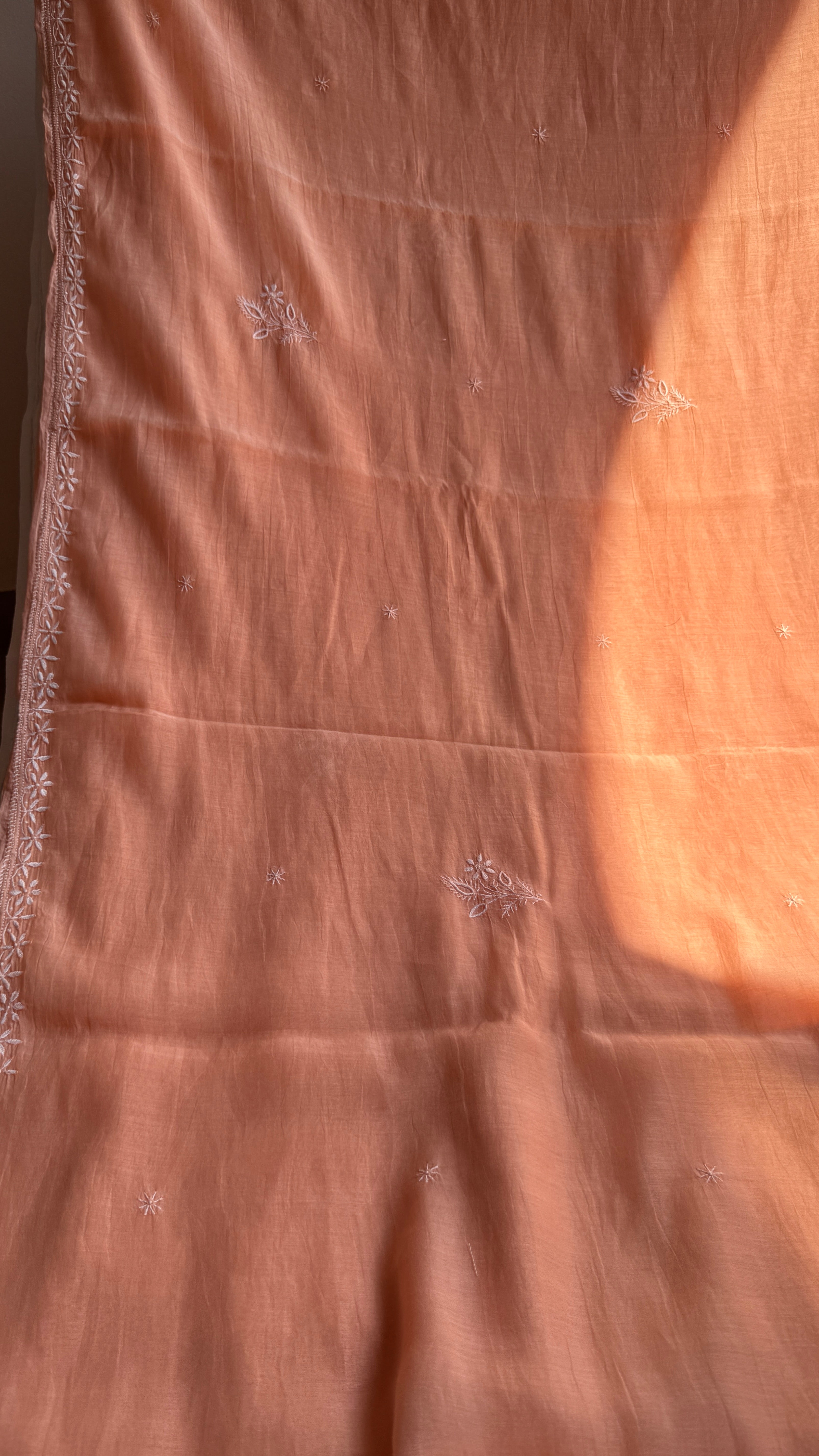 Pure Mul Chanderi Chikankari saree in Peach