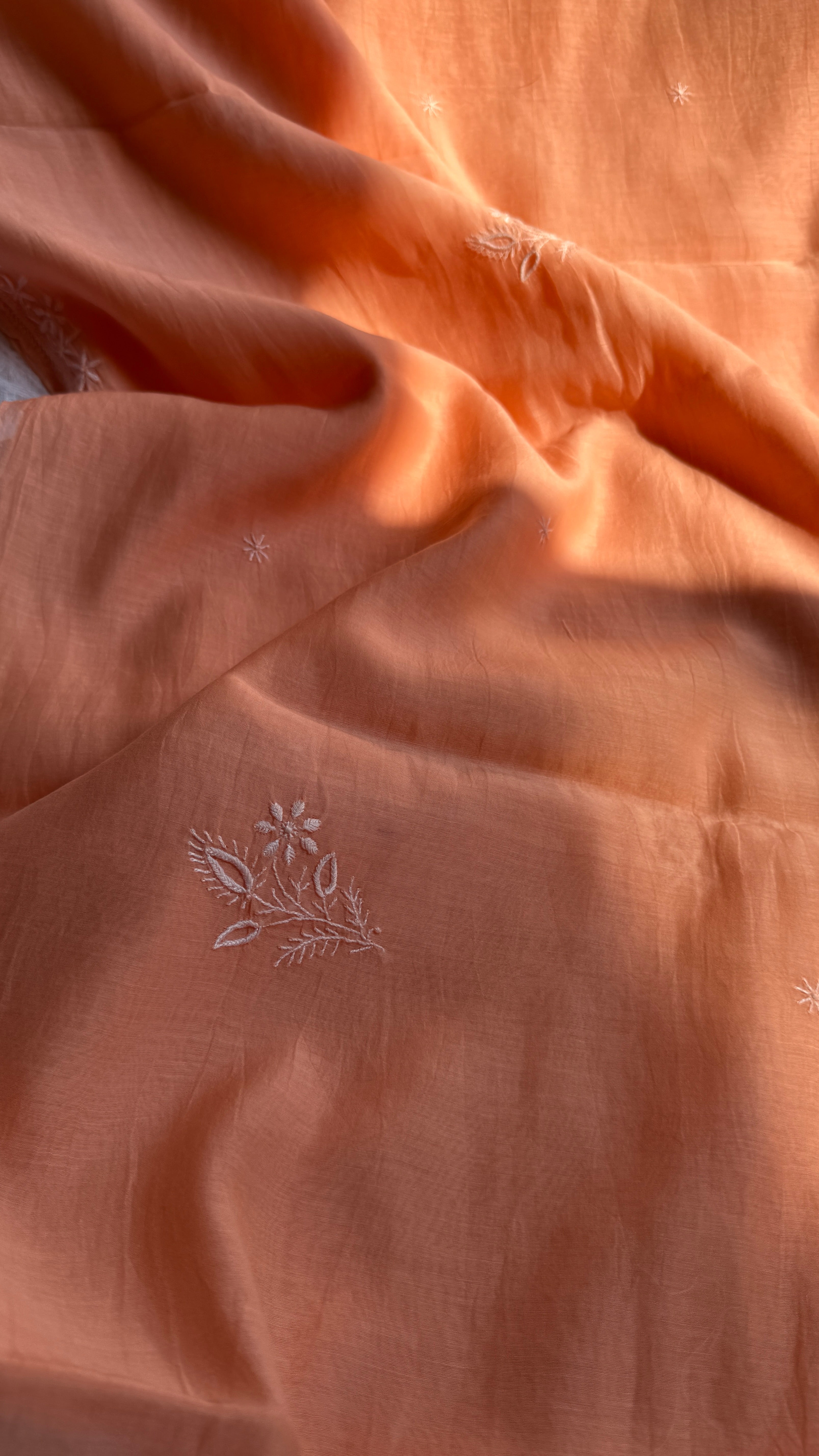 Pure Mul Chanderi Chikankari saree in Peach