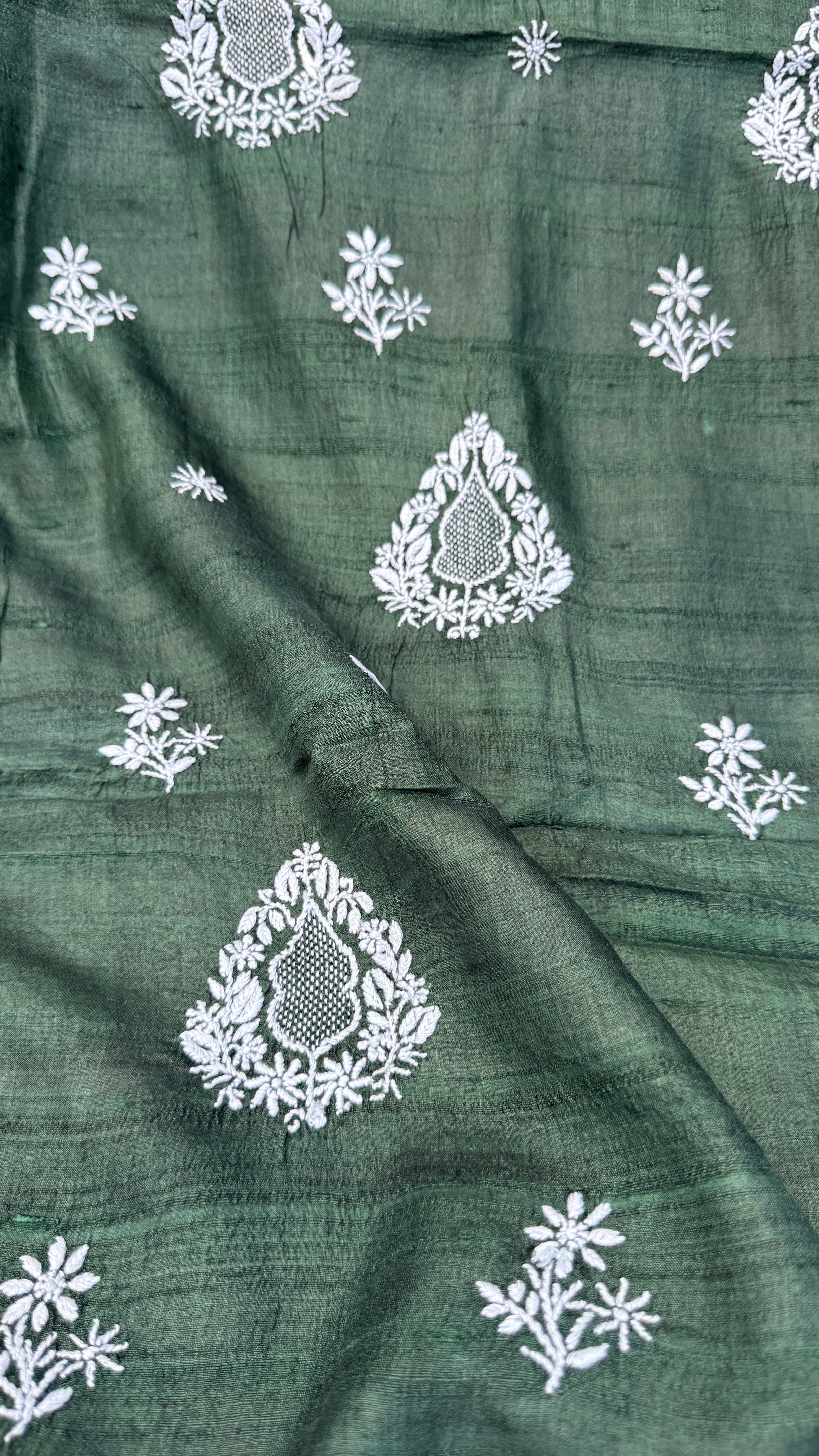 Pure Khadi Silk Chikankari Length with Dupatta - Pine Green