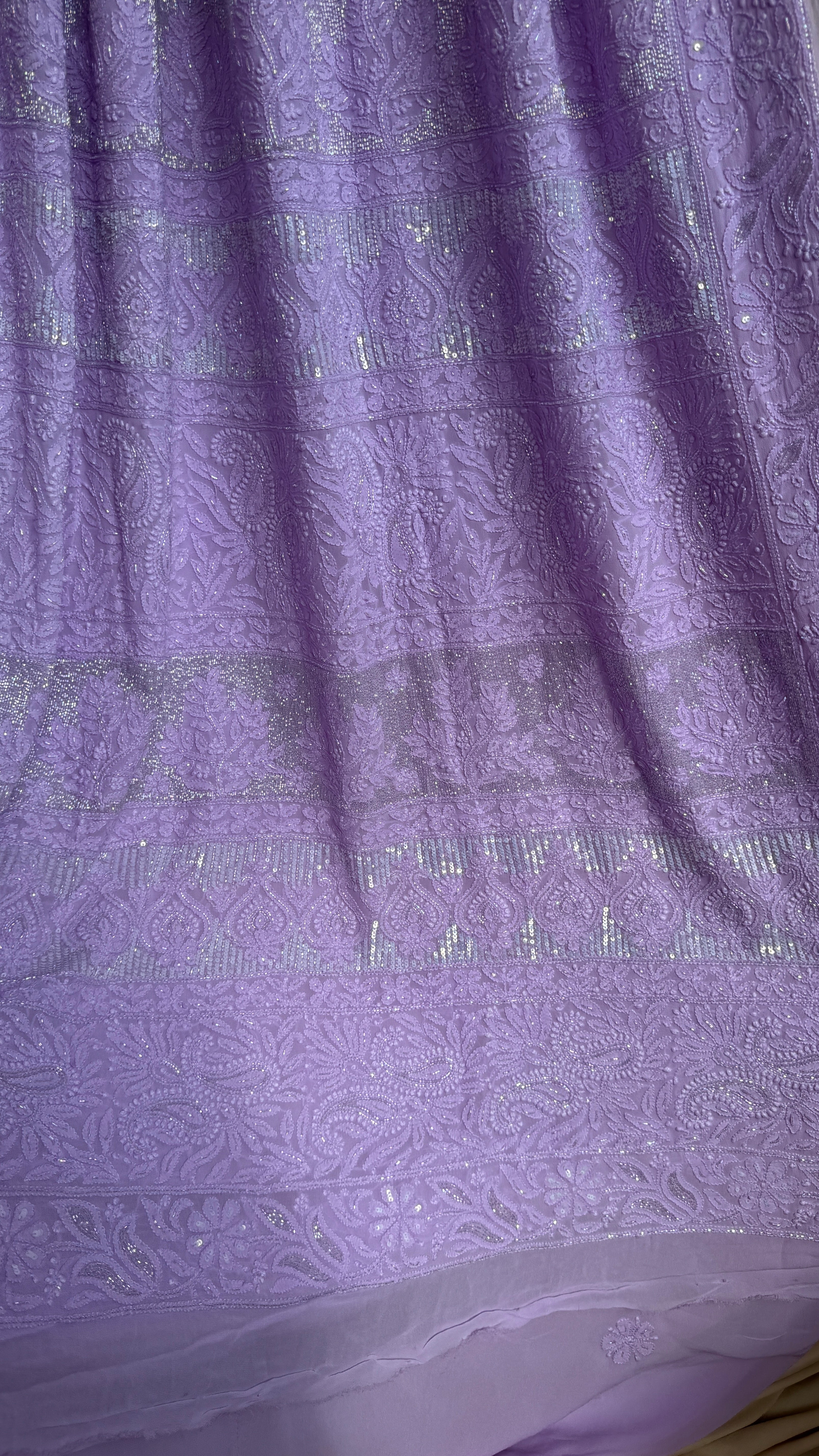 Viscose Lavender Chikankari saree with Pearl embellishments
