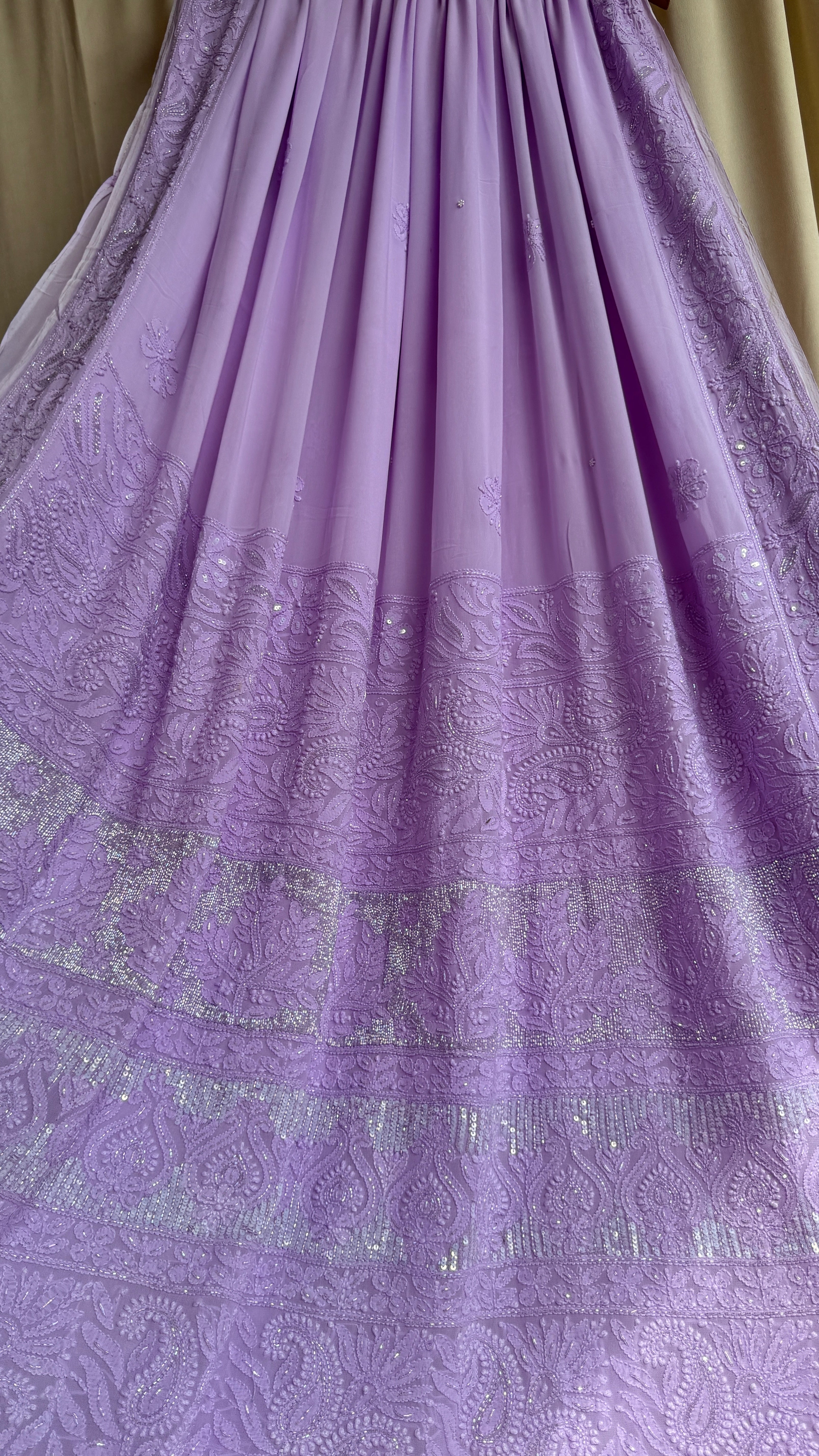 Viscose Lavender Chikankari saree with Pearl embellishments