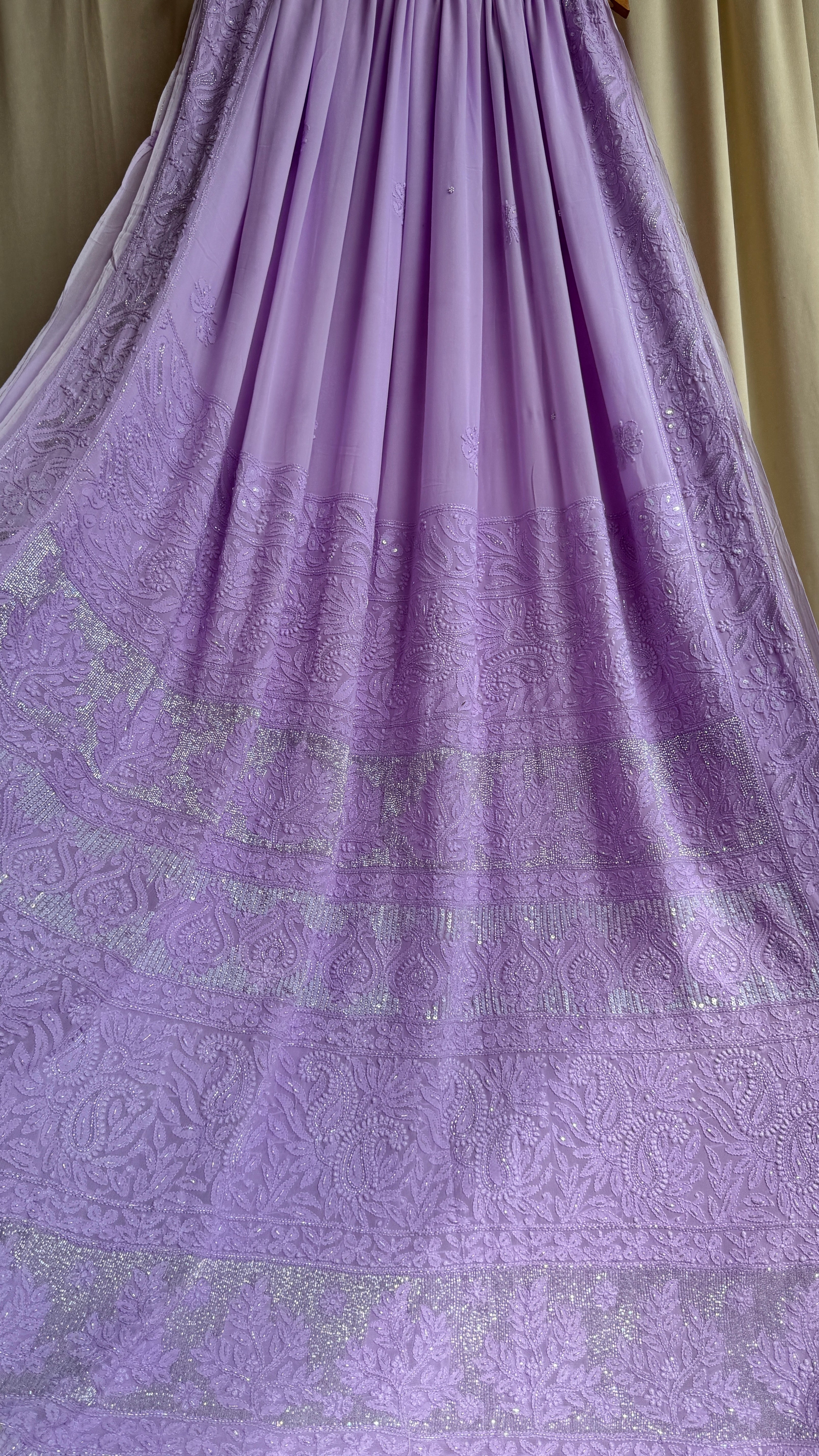 Viscose Lavender Chikankari saree with Pearl embellishments