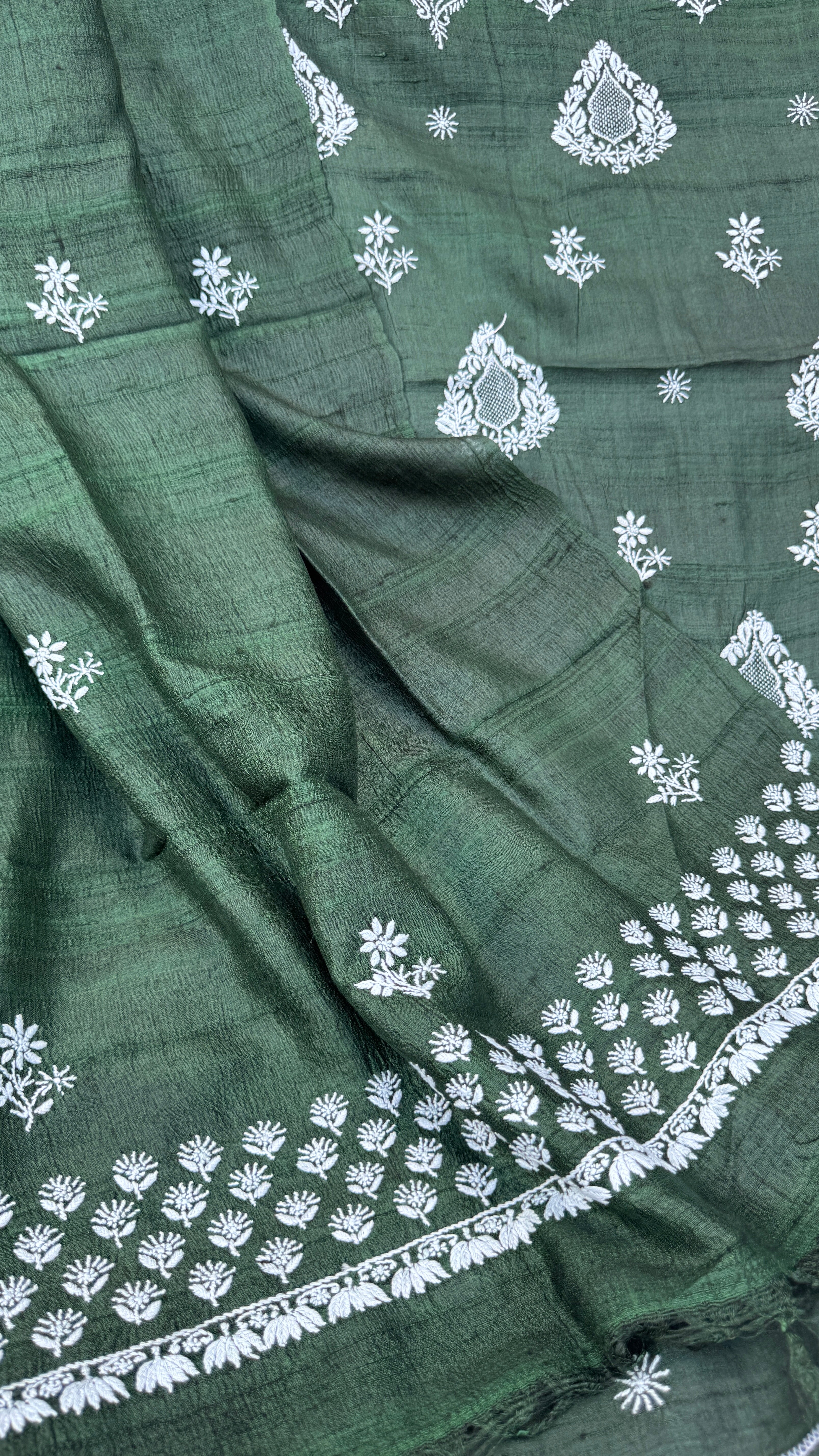 Pure Khadi Silk Chikankari Length with Dupatta - Pine Green