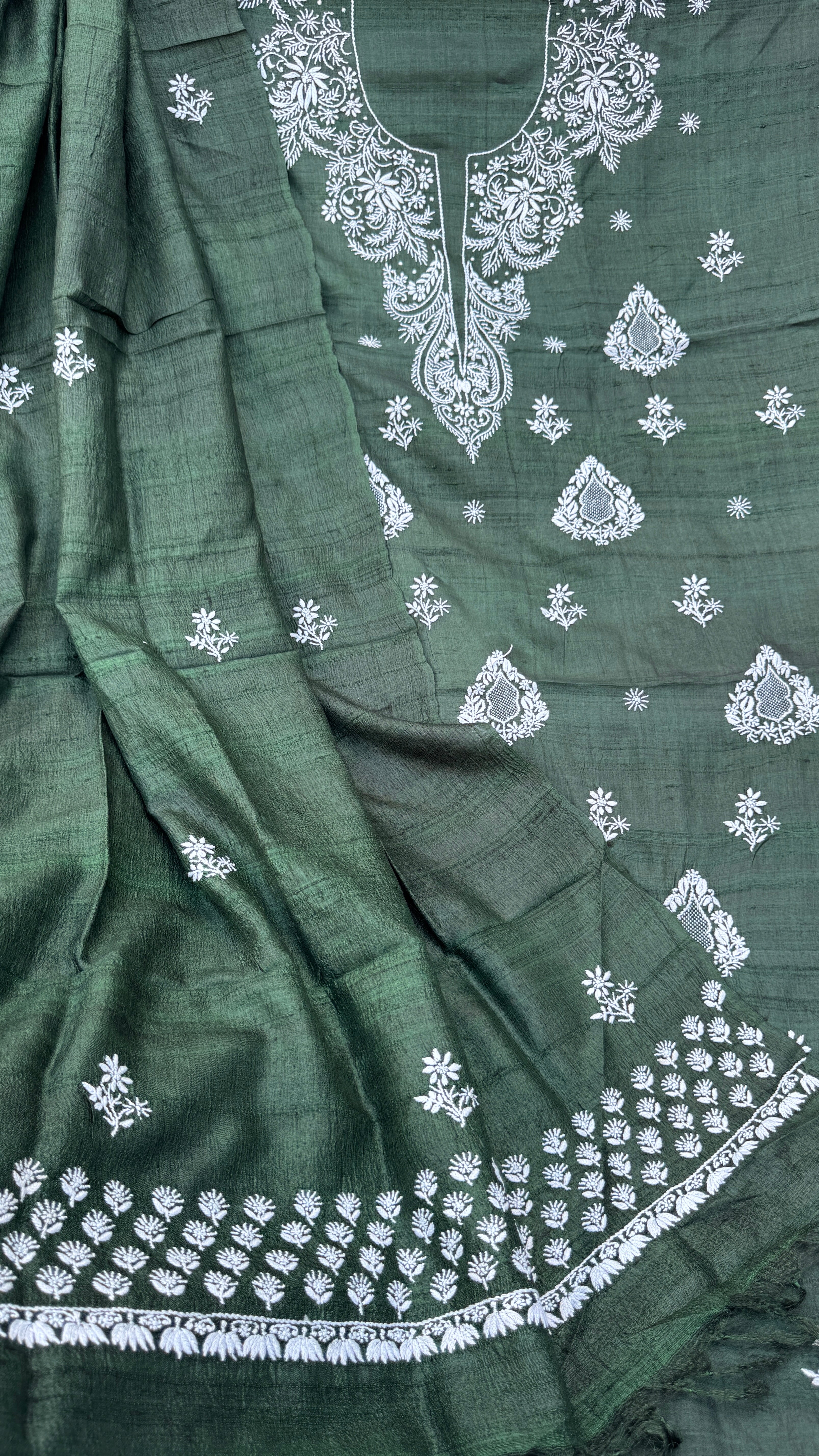 Pure Khadi Silk Chikankari Length with Dupatta - Pine Green