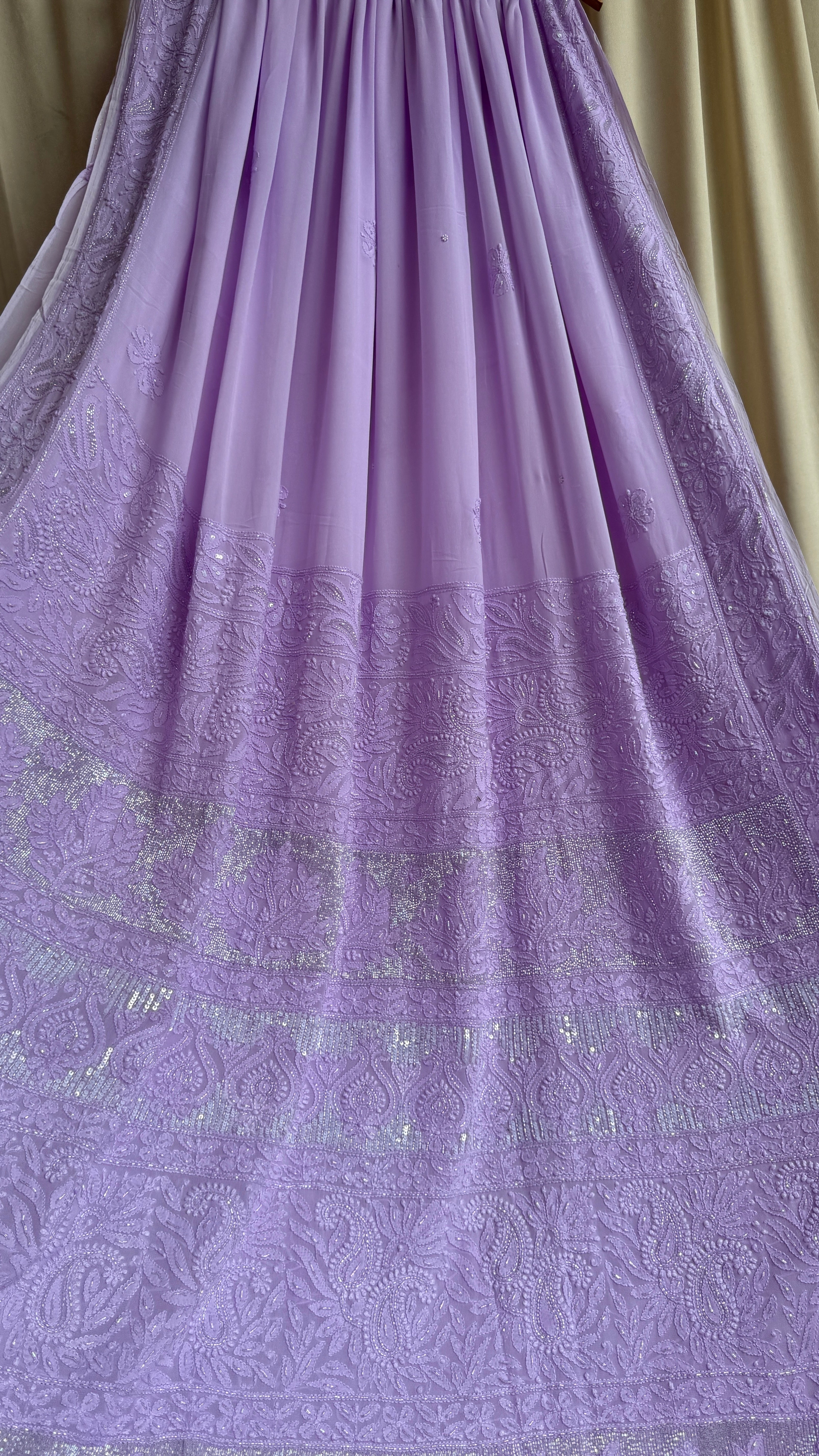 Viscose Lavender Chikankari saree with Pearl embellishments