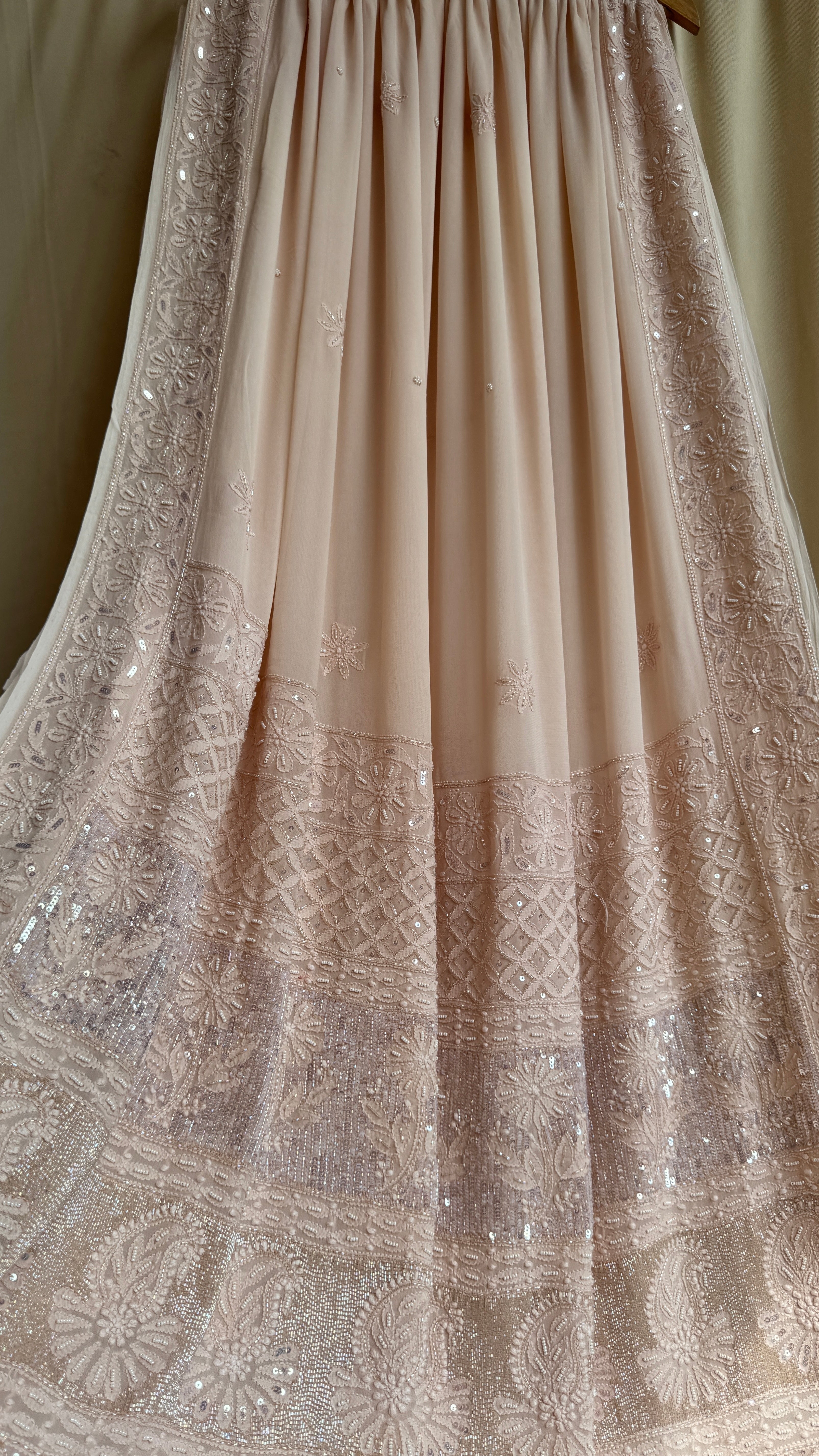 Viscose Chikankari saree with Pearl embellishments- Blush Peach