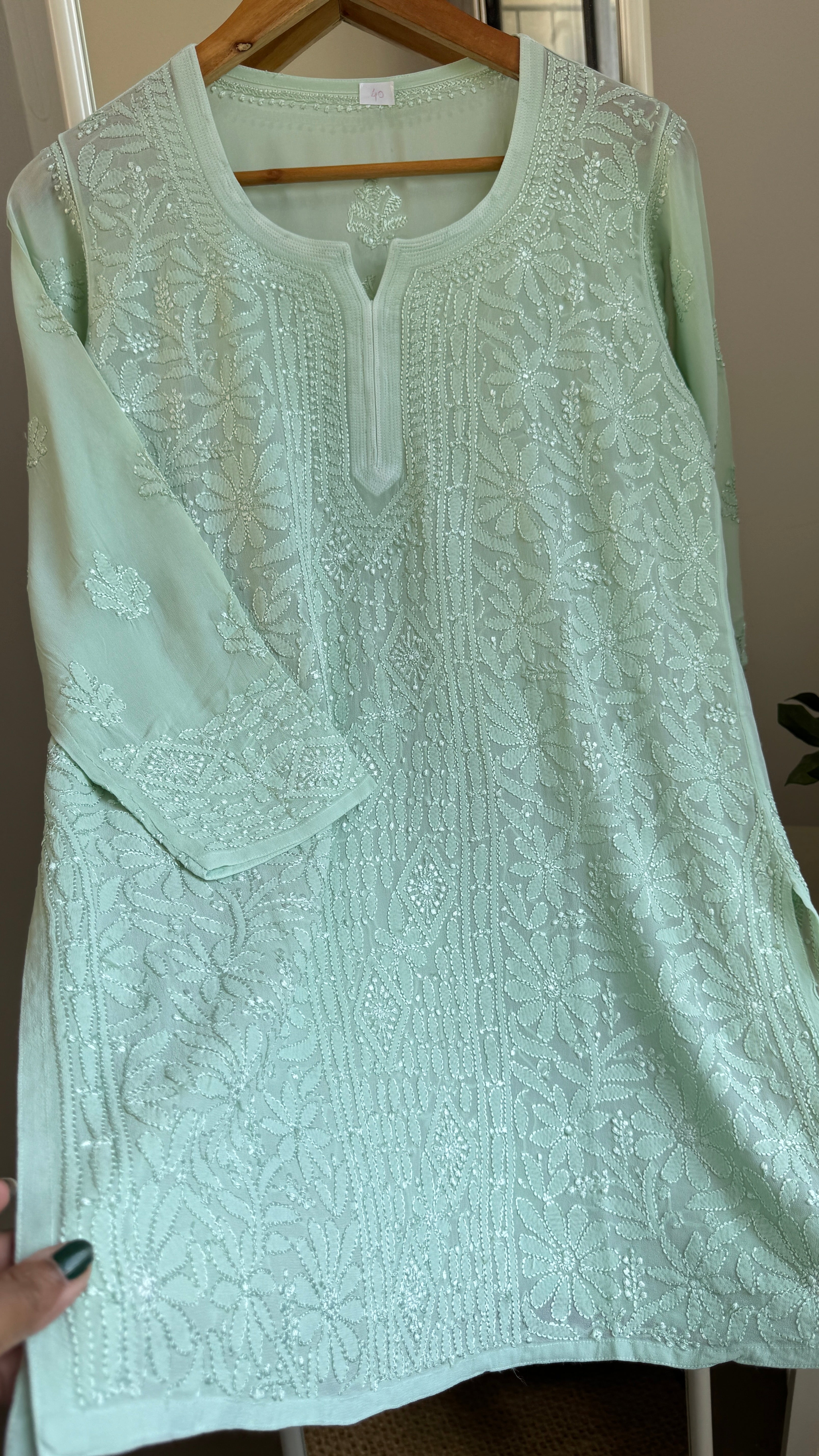 Chikankari Viscose Georgette short Top in Light green