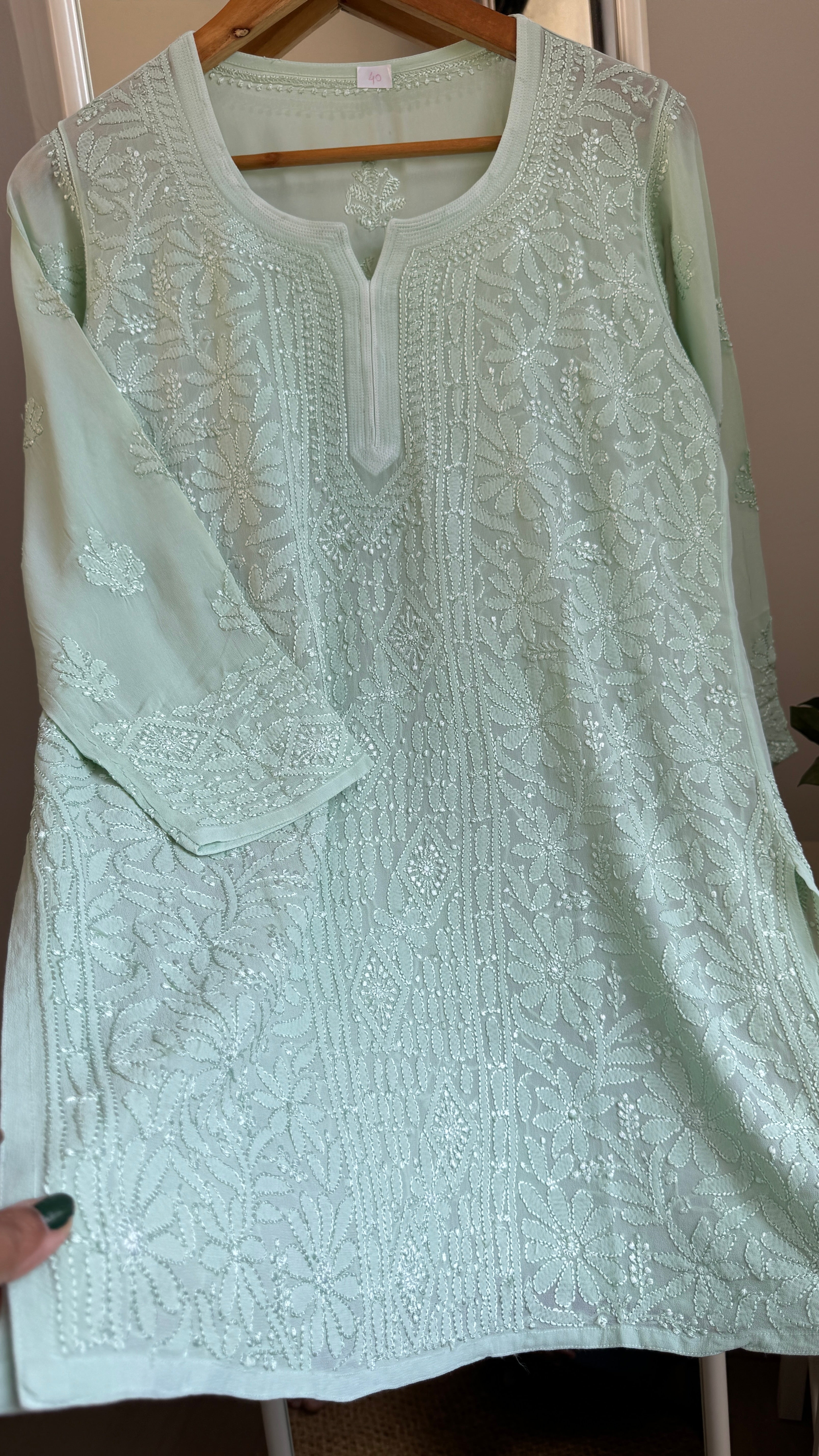 Chikankari Viscose Georgette short Top in Light green