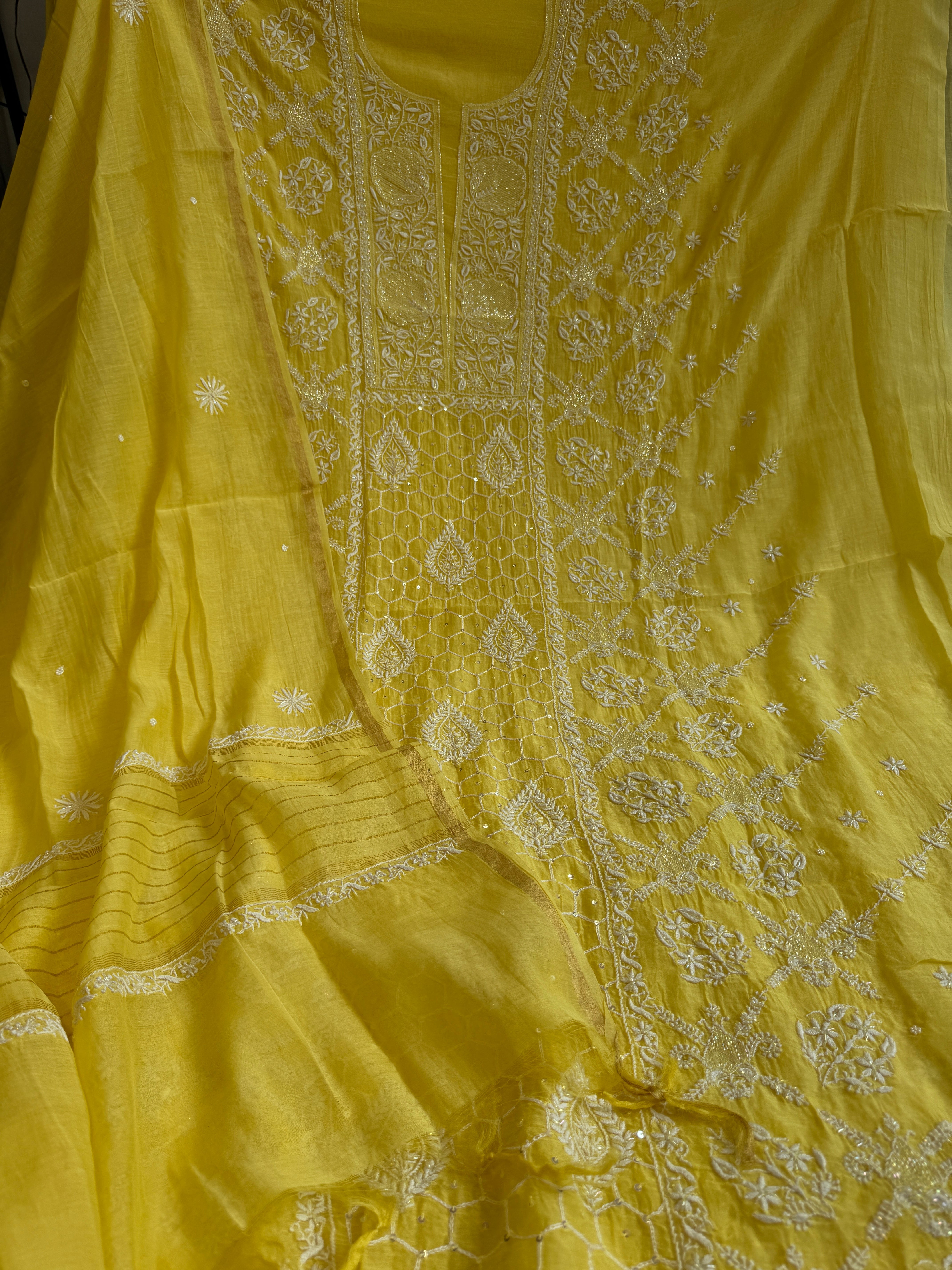 Mul Chanderi Chikankari - Heavy Unstitched Set -Yellow ARIAA CHIKANKARI