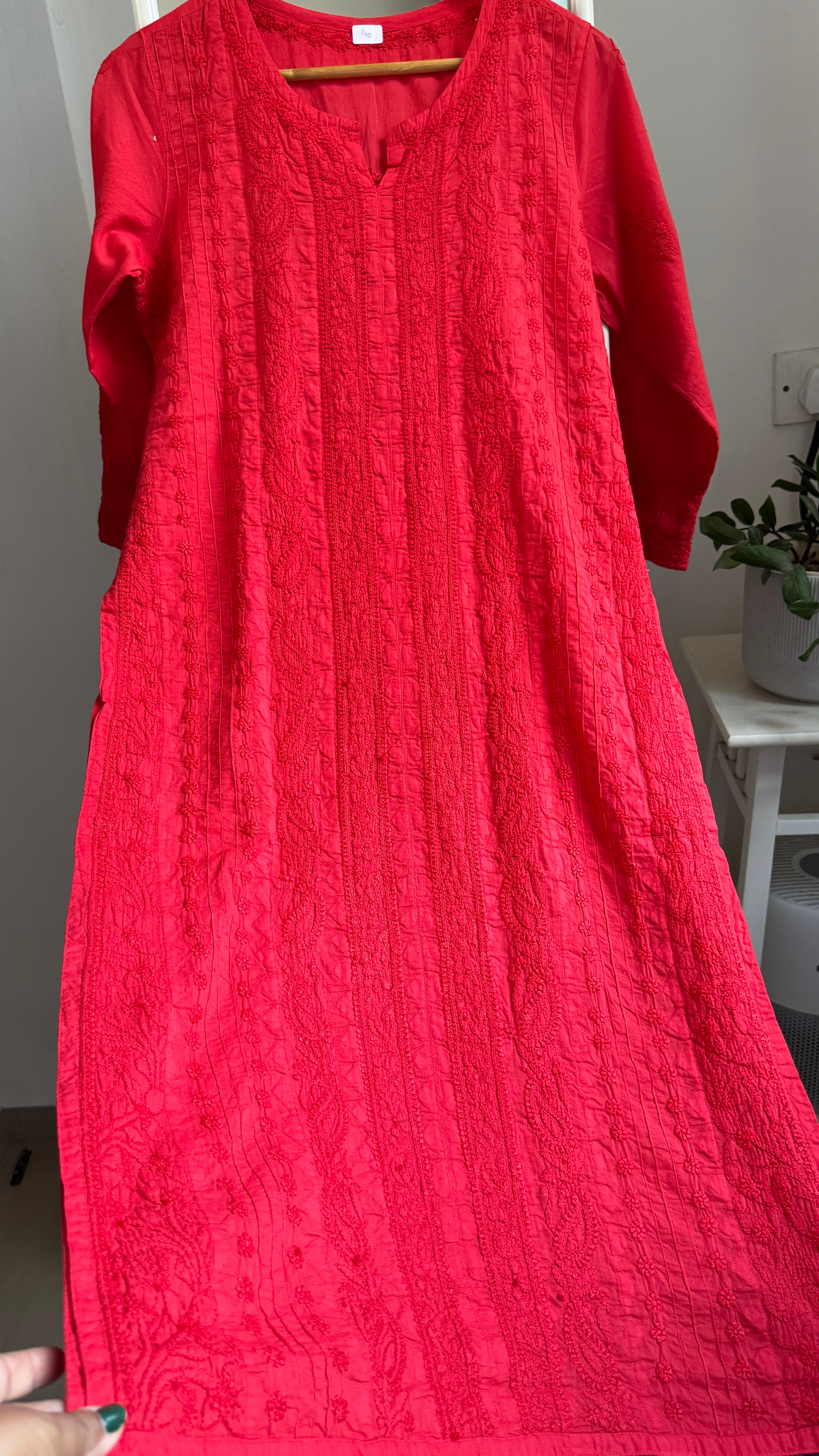 Pure Cotton Chikankari Full Jaal Kurti -Red - Gul Collection