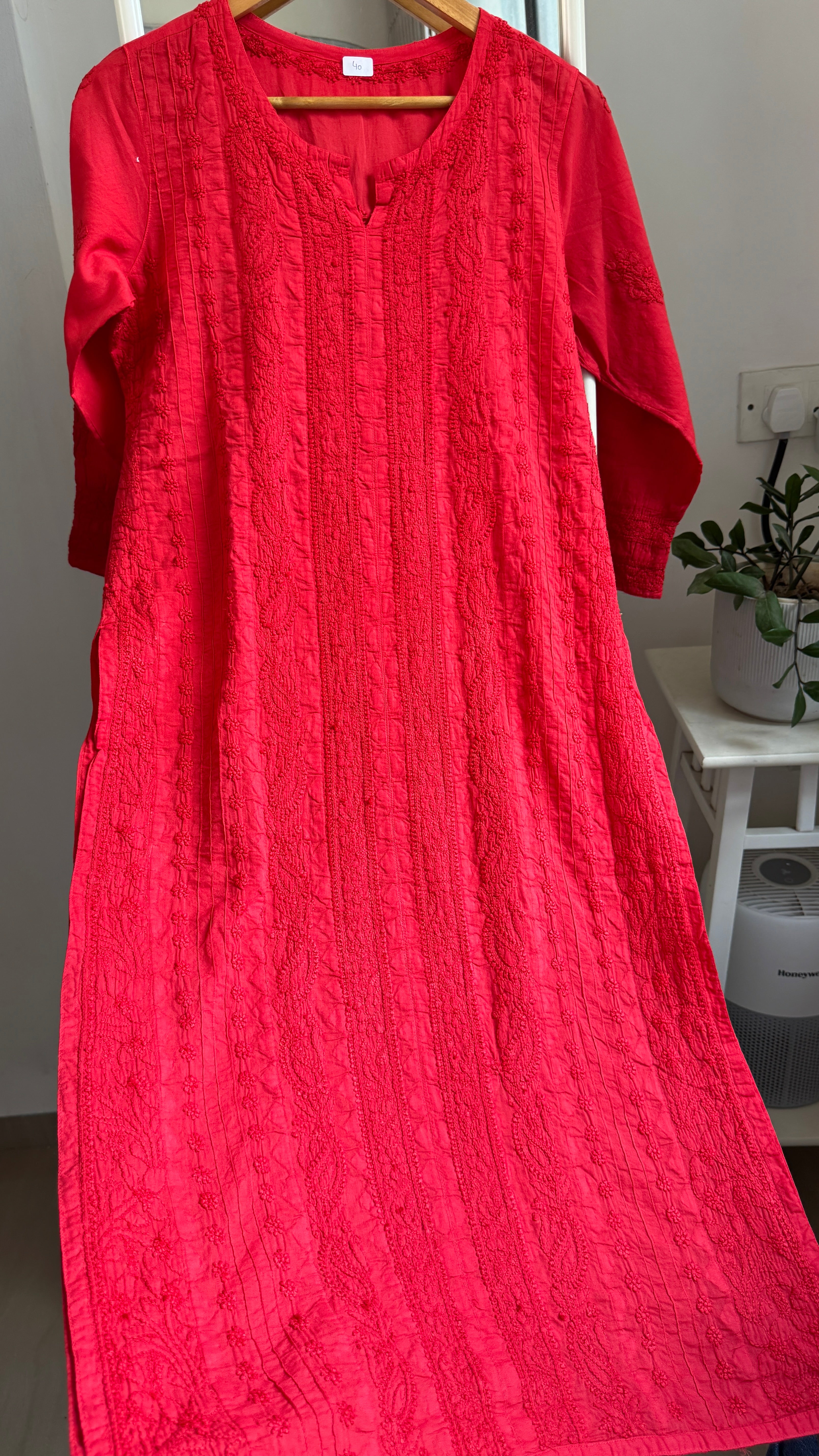 Pure Cotton Chikankari Full Jaal Kurti -Red - Gul Collection