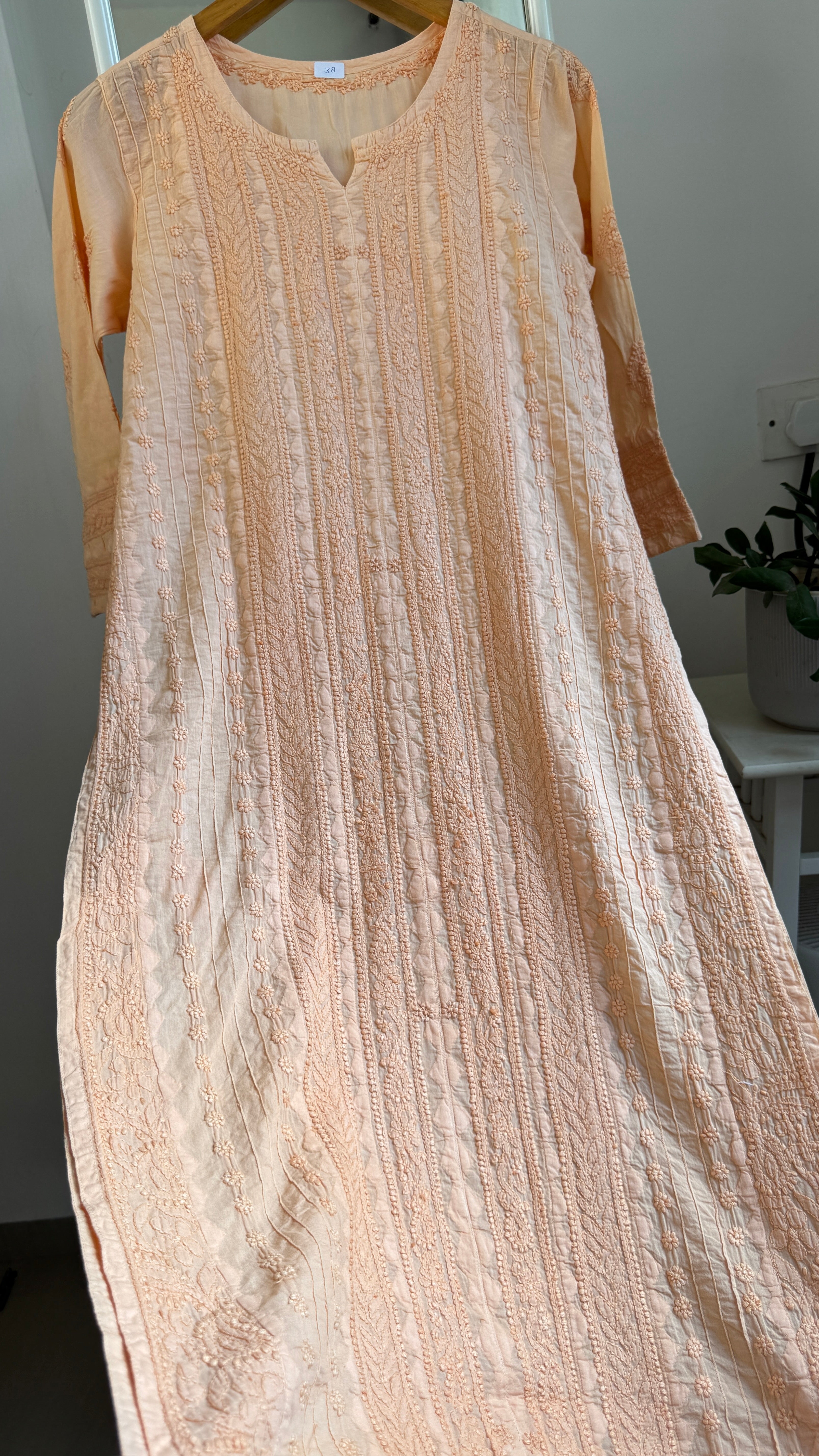 Pure Cotton Chikankari Full Jaal Kurti - Peach - Gul Collection