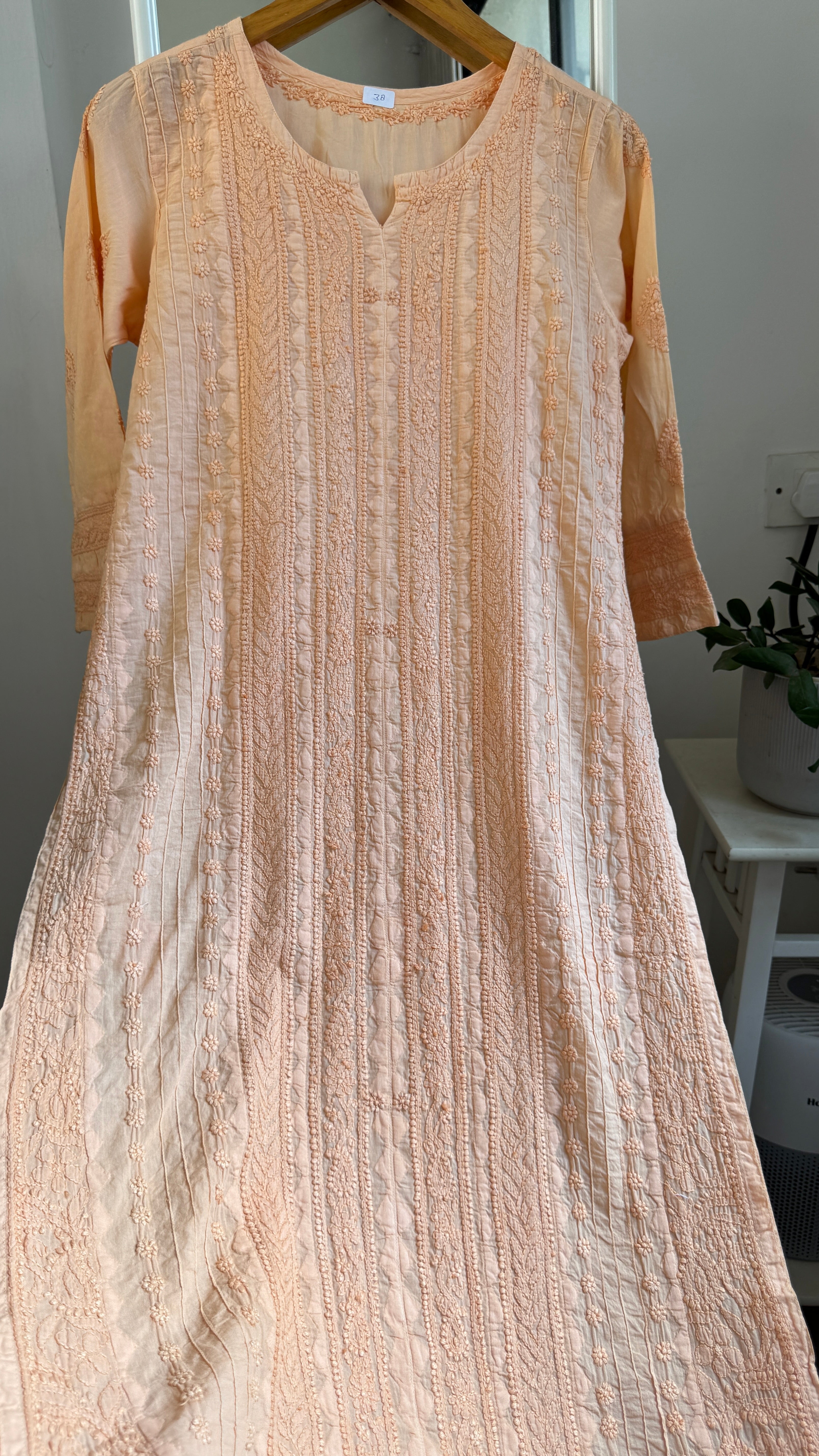 Pure Cotton Chikankari Full Jaal Kurti - Peach - Gul Collection