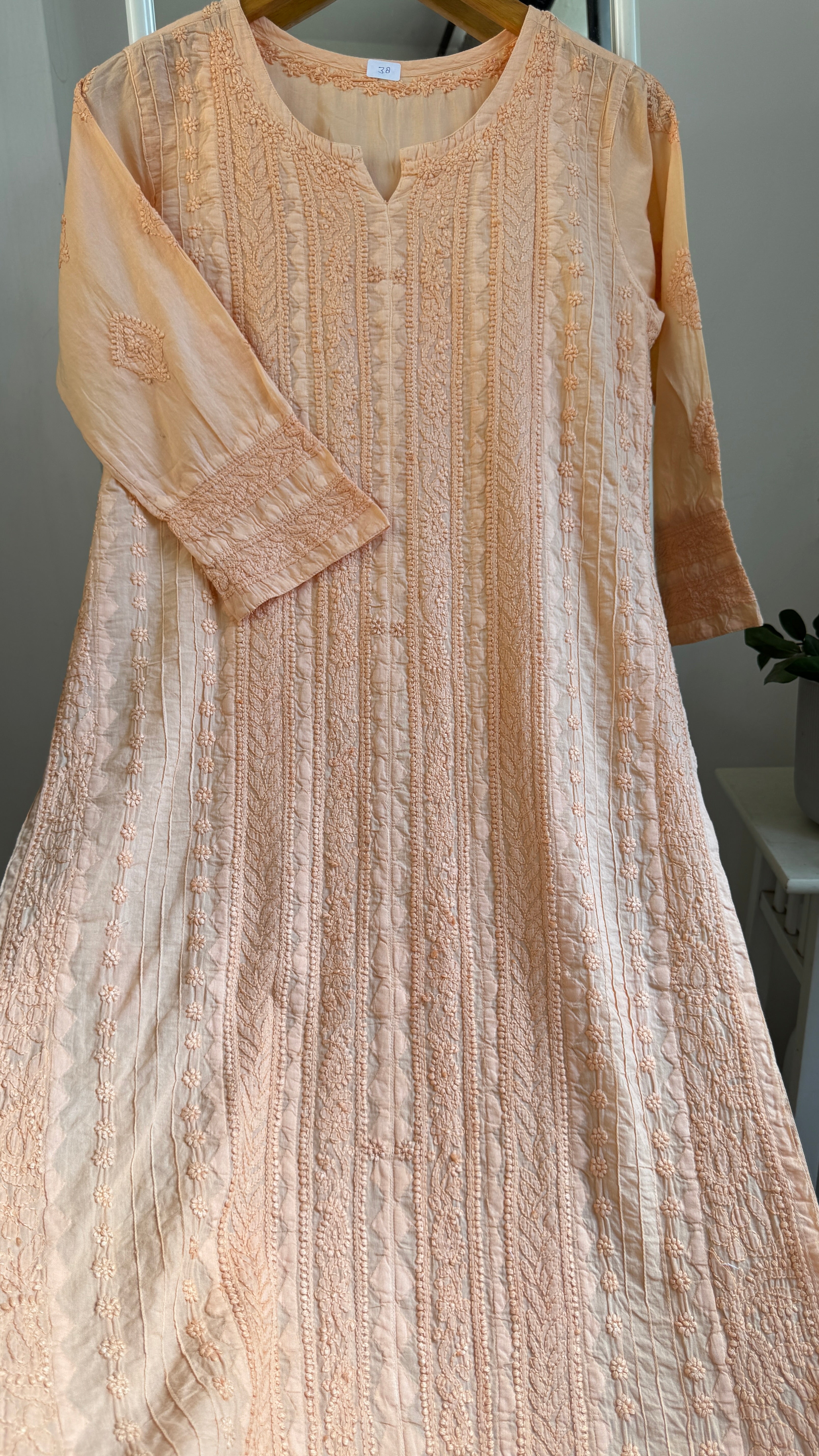 Pure Cotton Chikankari Full Jaal Kurti - Peach - Gul Collection