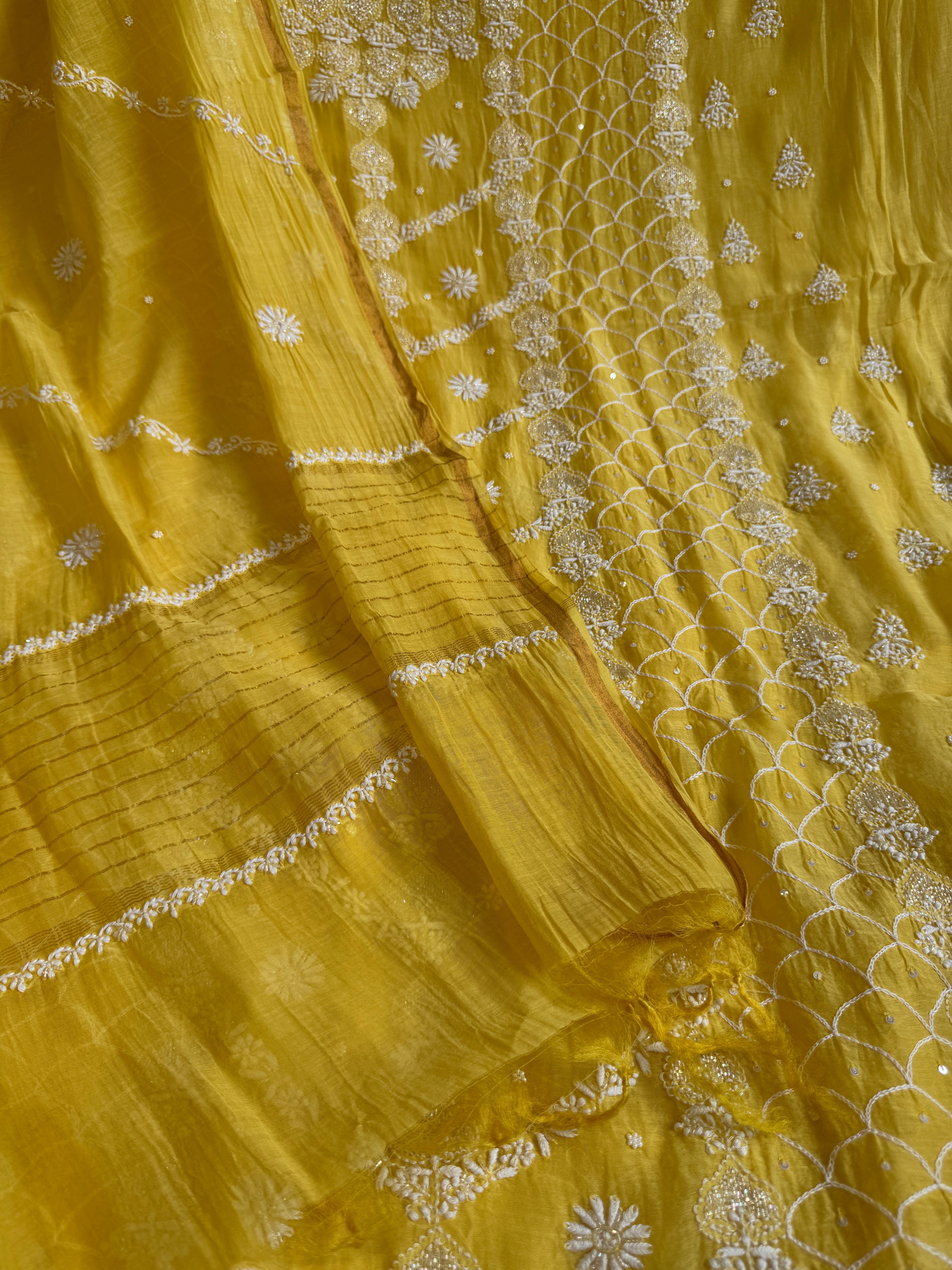 Mul Chanderi Chikankari - Heavy Unstitched Set -Yellow ARIAA CHIKANKARI