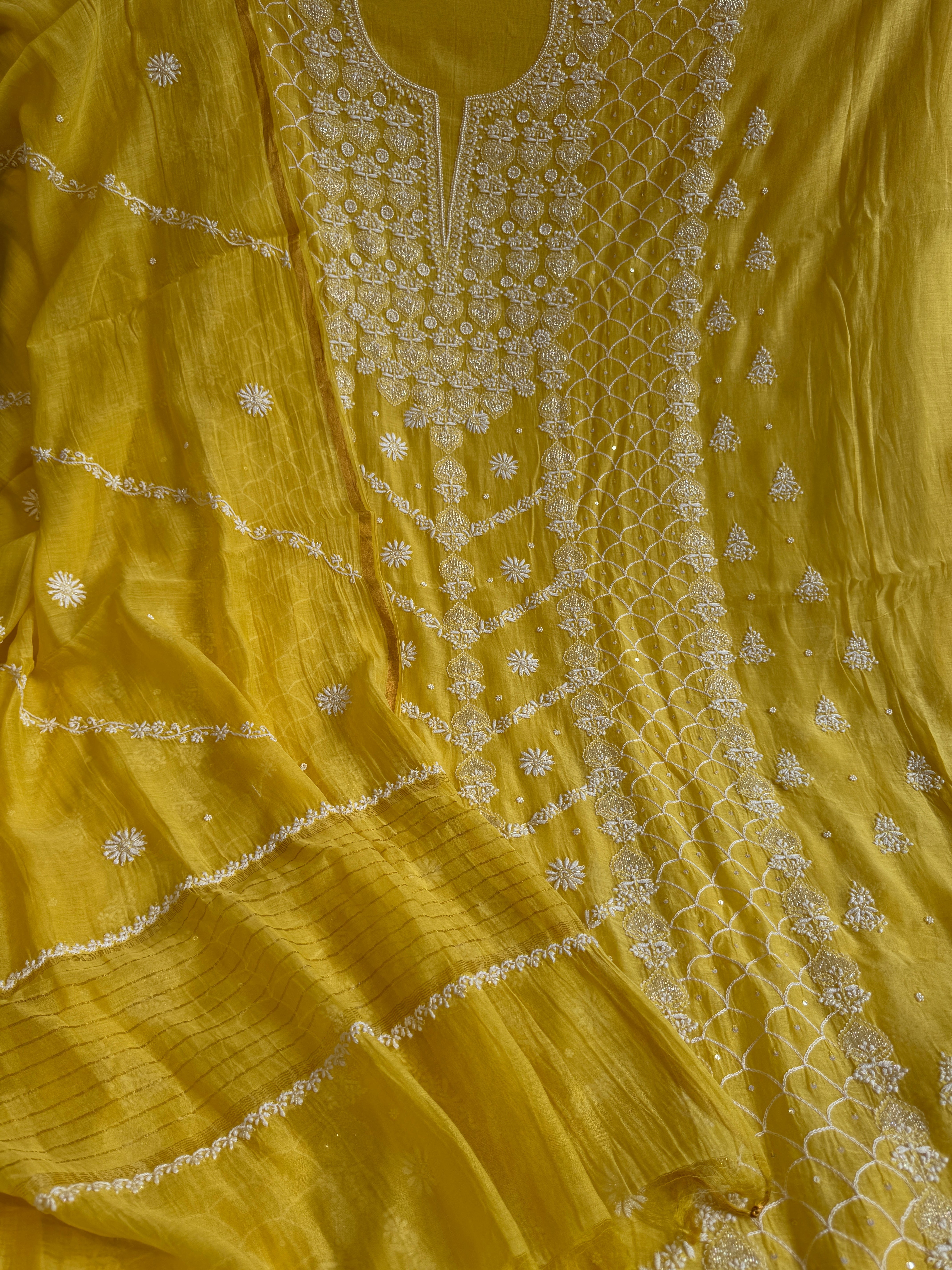 Mul Chanderi Chikankari - Heavy Unstitched Set -Yellow ARIAA CHIKANKARI