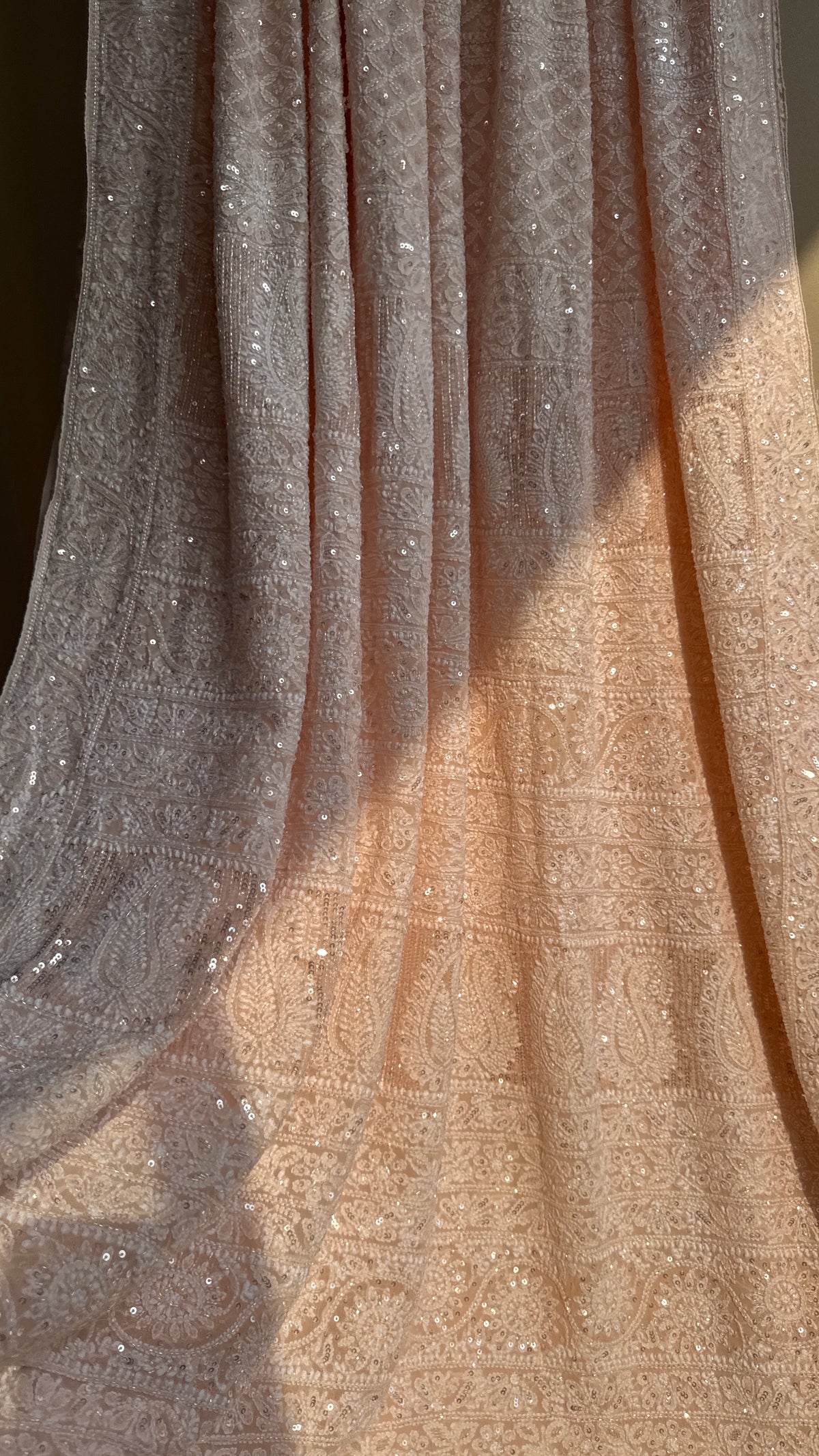 Pure Georgette Lucknow Chikankari Saree - Peach- Rooh Collection